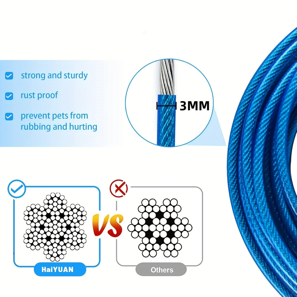 Dog Tie Out Cable for Yard – Heavy Duty Steel Wire Runner 10/15/20/30 FT with Durable Clips, Outside Dog Lead for Large Dogs Up to 165 lbs, Blue