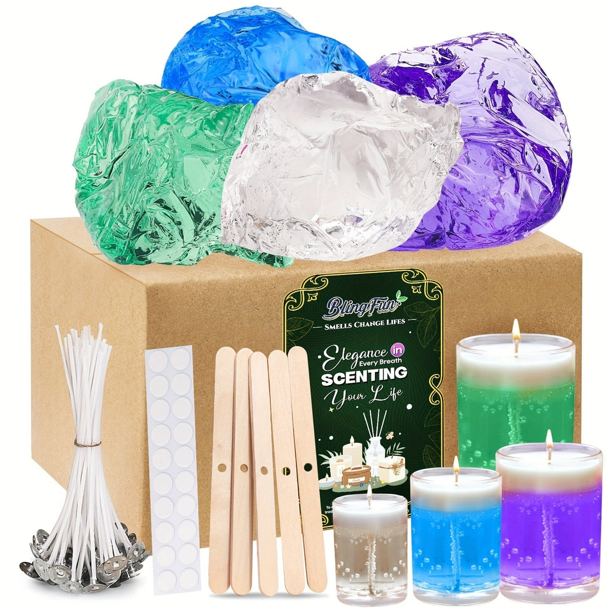 BlingFun Gel Candle Making Kit 400g Clear Jelly Wax 4 Colors 20pcs Wicks 20pcs Stickers 5pcs Wick Holders DIY Scented Candle Kit for Home Decor Craft Projects Beginner Candle Supplies