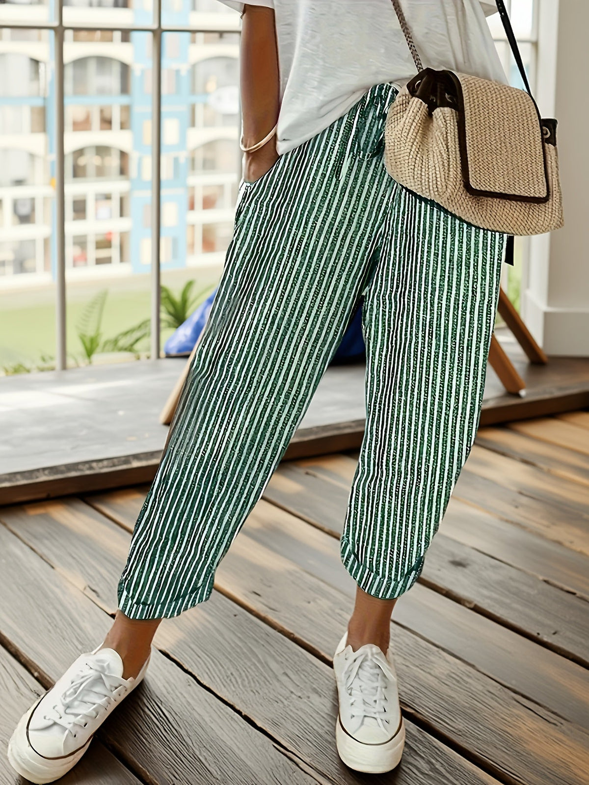 Women's Wide Leg Striped Pants Casual Loose Fit Side Stripe Lightweight Polyester Trousers for Women - Comfortable All-Season Fashion Pants S M L XL XXL Multiple Colors