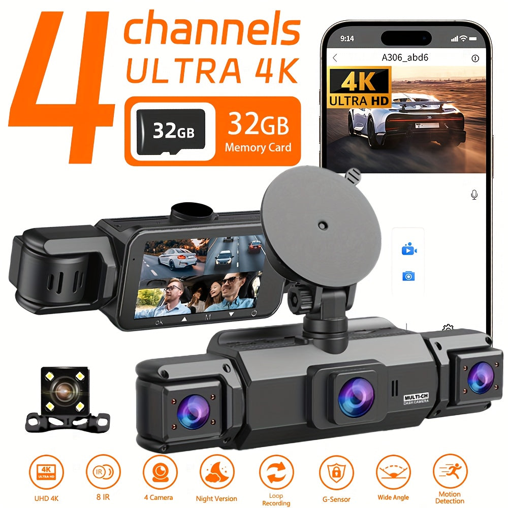 4K Dash Cam 360° Rotary 4-Channel Car DVR with Free 32GB SD Card Night Vision 24H Loop Recording Parking Monitor Front 4K Rear Left Right 1080P Cameras Rearview Camera for All Vehicles