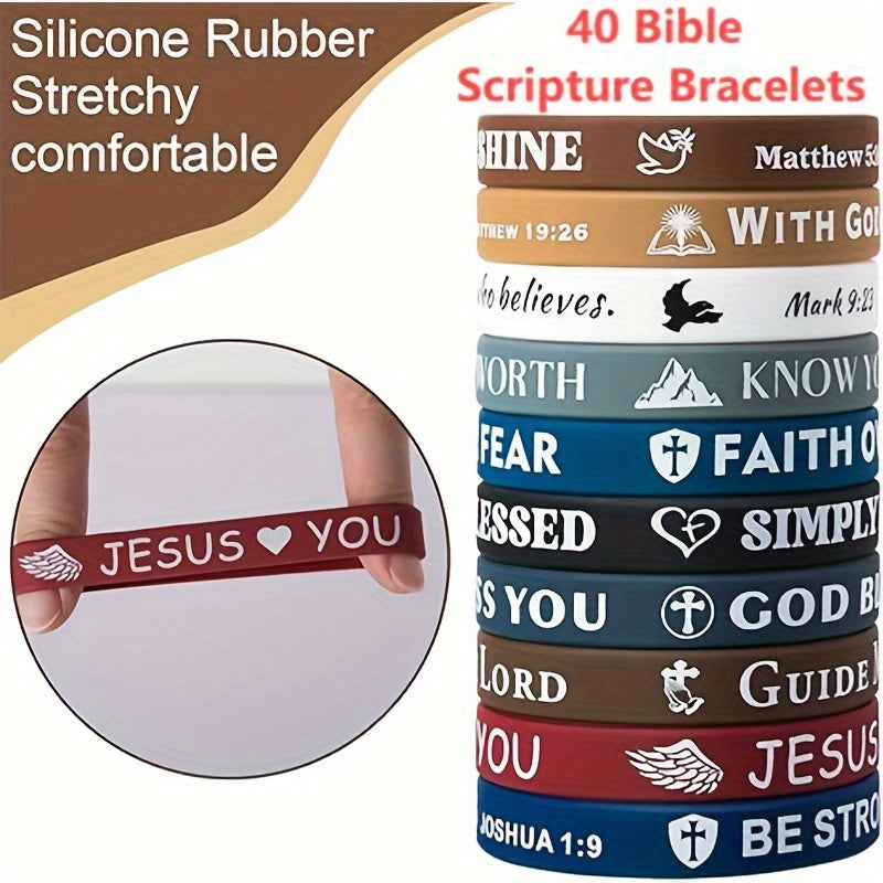 40-Pack Bible Verse Silicone Bracelets Colorful Inspirational Christian Faith Wristbands Unisex Lightweight Daily Wear Church Party Gift
