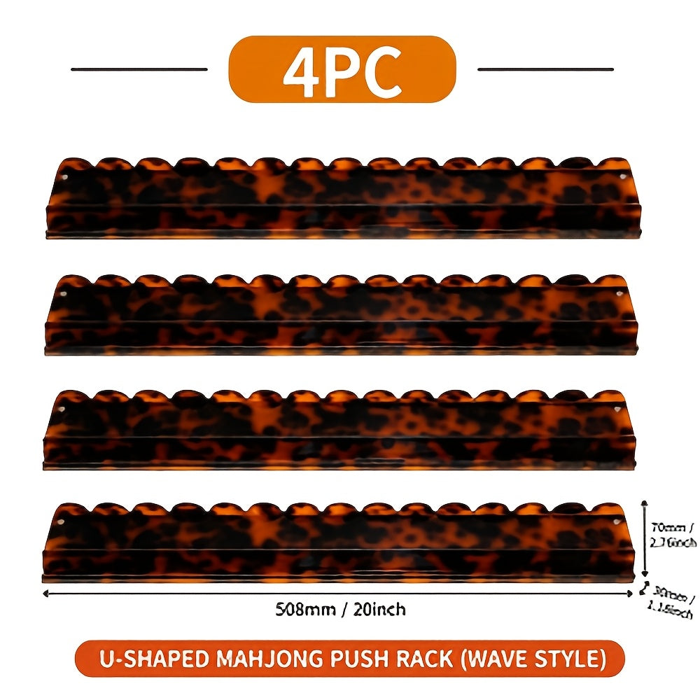 Tortoiseshell Acrylic Mahjong Tile Rack Set 4 Pieces Wave Design Pusher Holder Smooth Sliding Transparent Rack with Storage Bag for American Mahjong Game Night Orange Beige Green