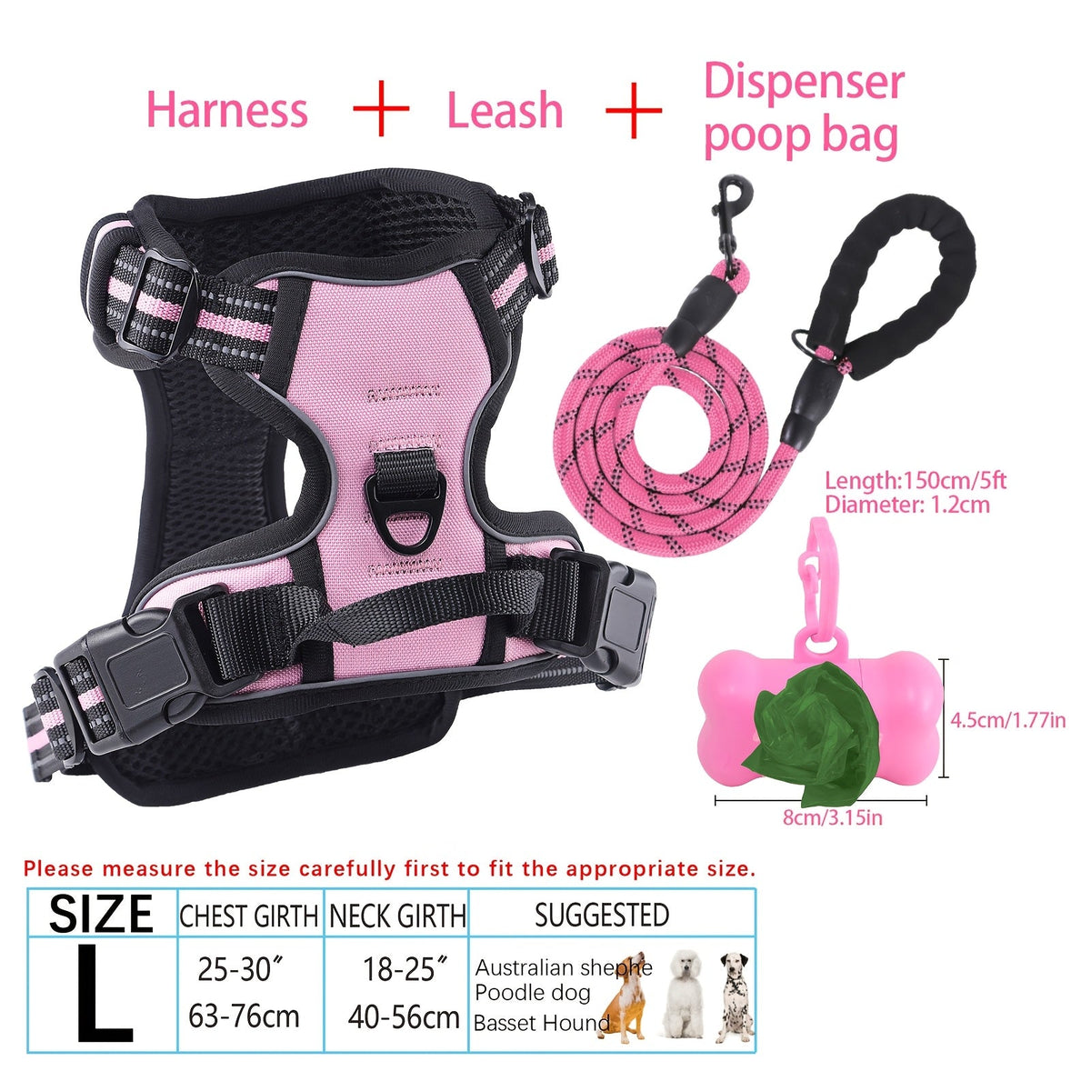 4-Piece Dog Harness and Leash Set No-Pull No-Choke Reflective Oxford Vest Harness with Leash Poop Bag Dispenser Easy Control Handle for Medium Large Dogs Outdoor Training Walking
