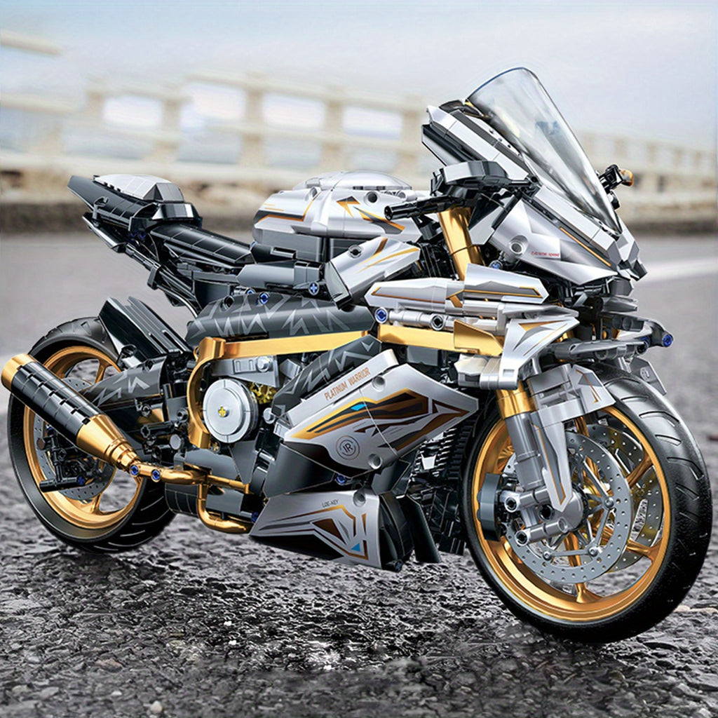 1:5 Scale Platinum Motorcycle Building Blocks Model - 2000+ Pieces, Easy Assembly, Gold & White Display Model, Cool Gift for Men, Adults & Teens for Birthday, Christmas & Holiday