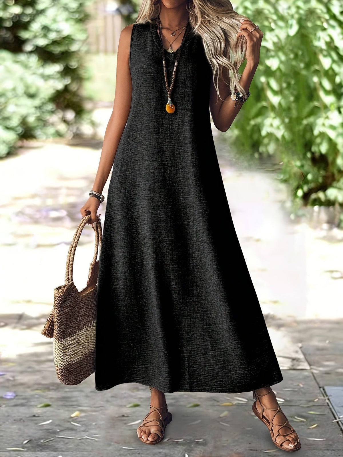 Women's V-Neck Sleeveless Loose Solid Color Woven Polyester Dress - Elegant Tunic Shift Dress for All Seasons