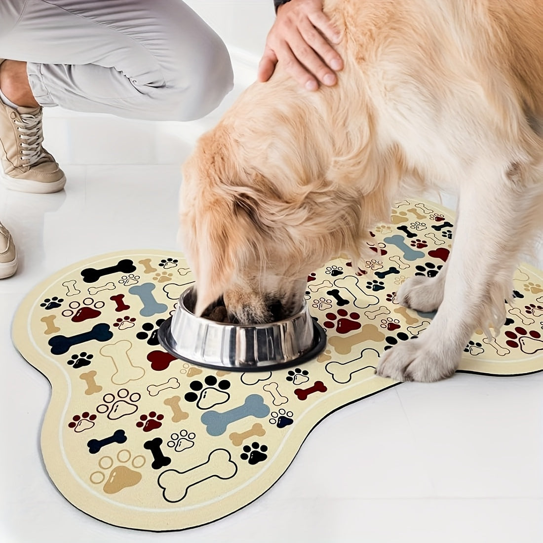 Dog Feeding Mat Non-Slip Quick-Dry Paw Print & Fishbone Design - Durable Polyester Pet Food & Water Bowl Pad for Small to Medium Dogs, Waterproof Easy-Clean Dog Placemat for Kitchen & Floor