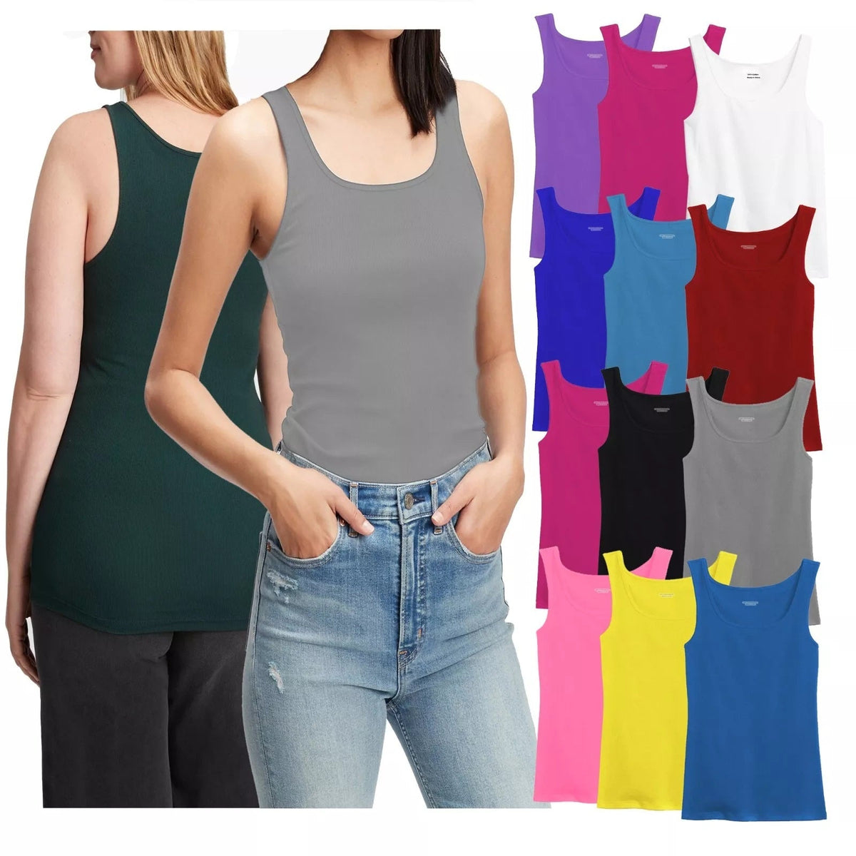 Women's 100% Cotton Ribbed Tank Top Tagless Sleeveless Undershirt Round Neck Multipack 3 6 9 12 Pcs Random Colors S-XXL