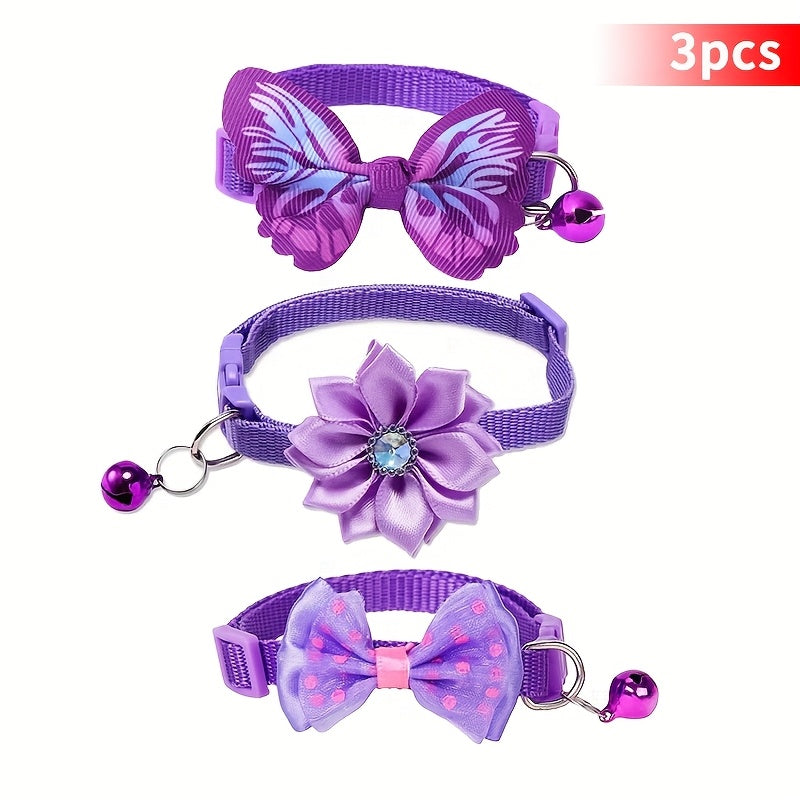 Floral Cat Collars with Bell & Bow Tie 3-Pack - Adjustable Pink & White Polyester Pet Collars for Cats & Small Dogs, Cute Breakaway-Style Kitten Collar Set with Decorative Bell and Bow Knot Accent