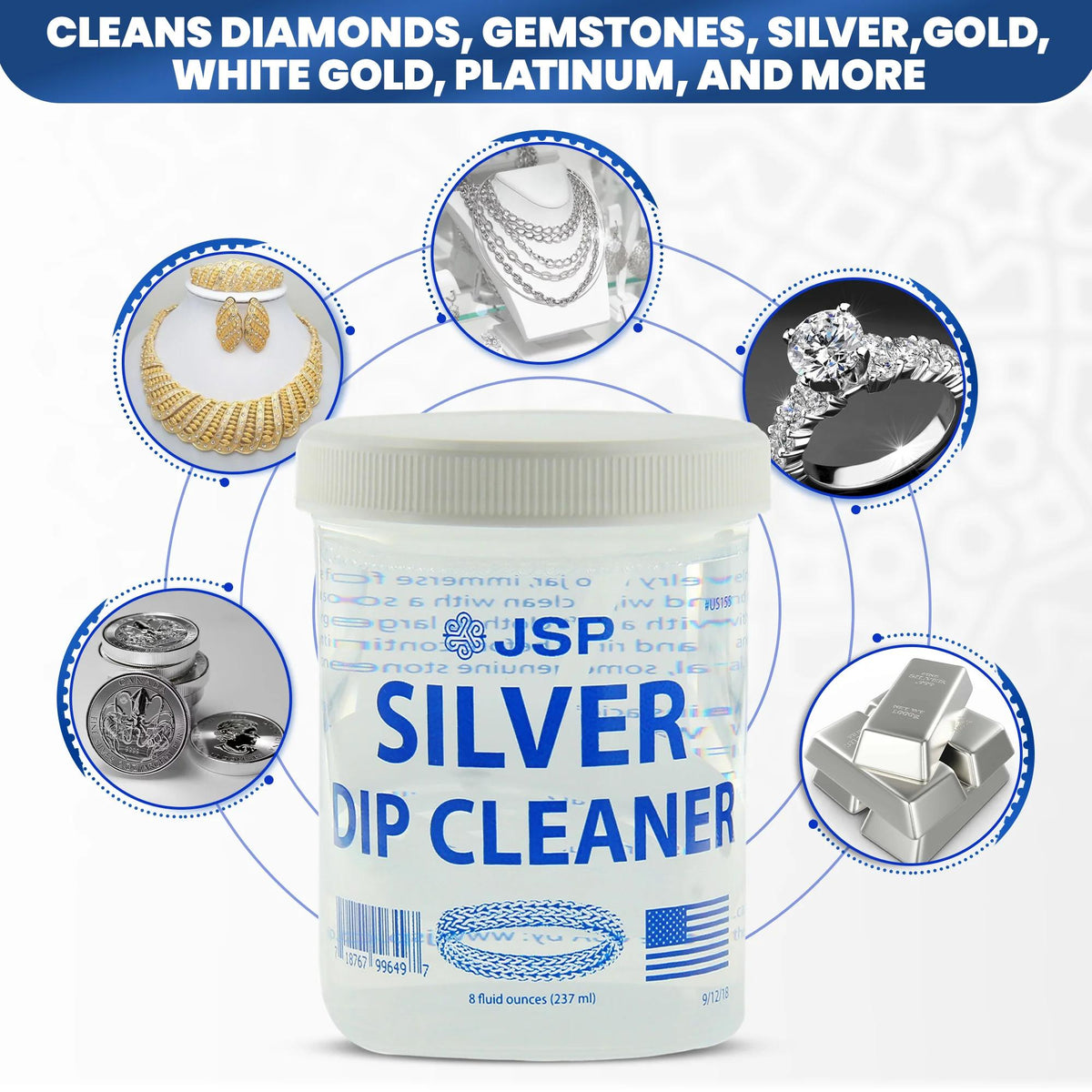 JSP Sterling Silver Dip Cleaner & Tarnish Remover 8oz – 925 & 999 Silver Jewelry Cleaning Solution with Dipping Basket & Microfiber Cloth, Restores Shine to Silver, Gold & Precious Metals