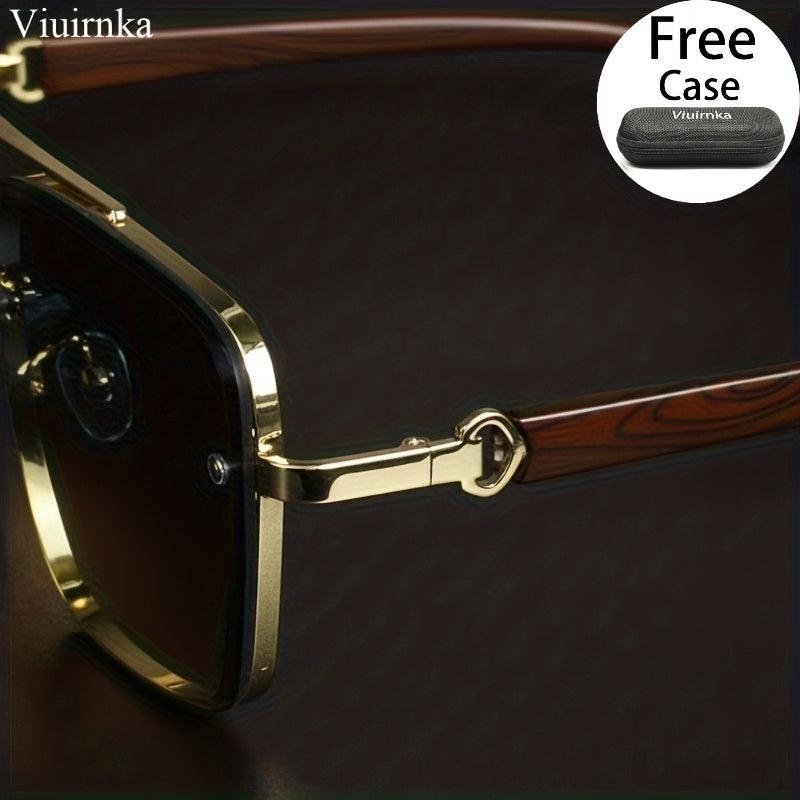 UV400 Square Sunglasses with Case for Men Women – Double Bridge Retro Wood Grain Frame, Polarized-Style Unisex Shades for Driving, Travel, Beach & Street Style, 7 Colors