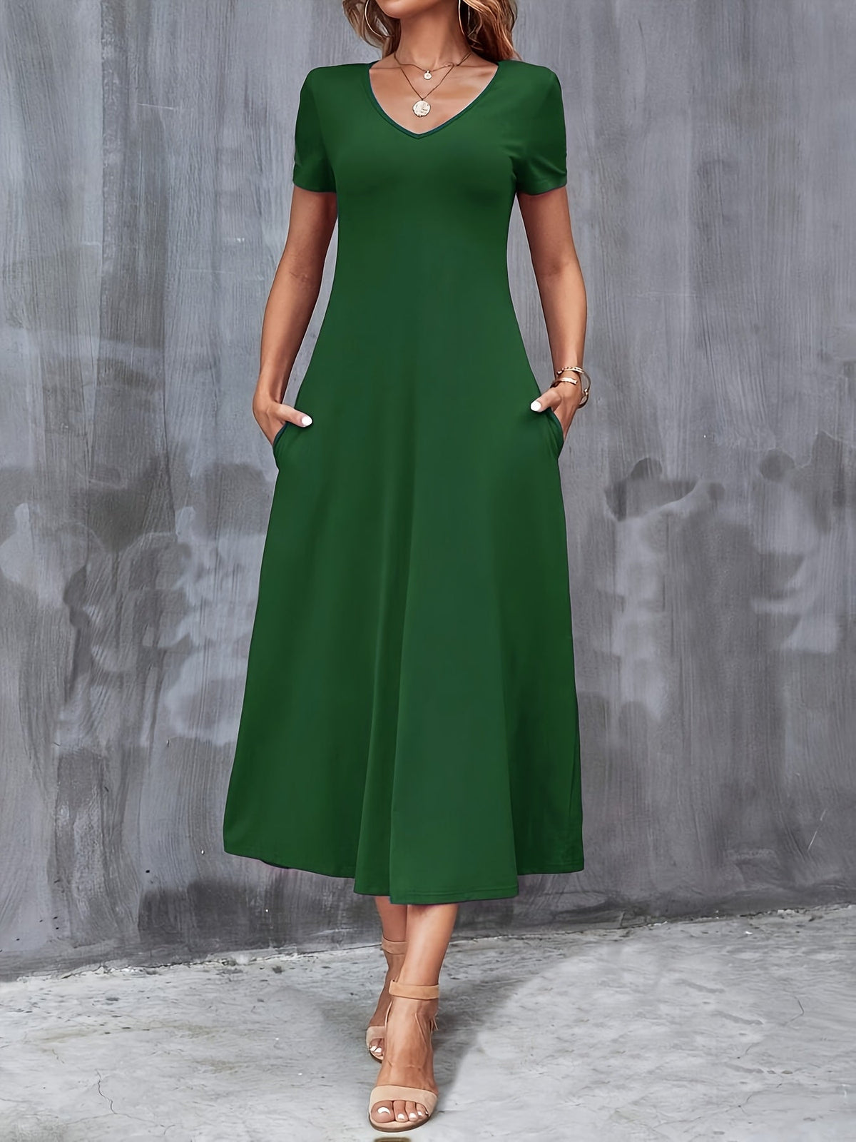 V-Neck A-Line Dress with Pockets Women Short Sleeve Casual Solid Color Knit Stretch Machine Washable Blue Black Navy Burgundy Olive Dark Green S M L XL XXL