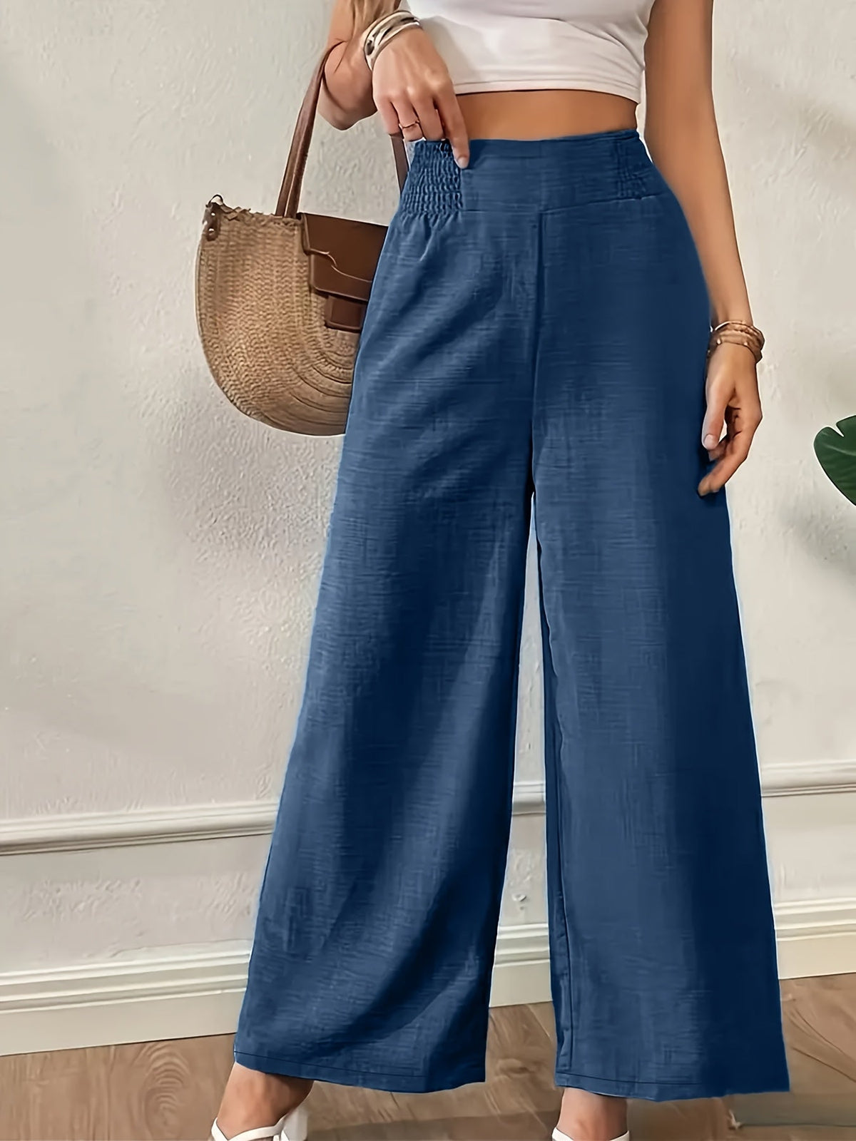Women's High Waist Wide Leg Pants Elastic Waist Straight Leg Trousers | Elegant Casual Office Formal Wear Light Blue Black Navy Pink S M L XL XXL