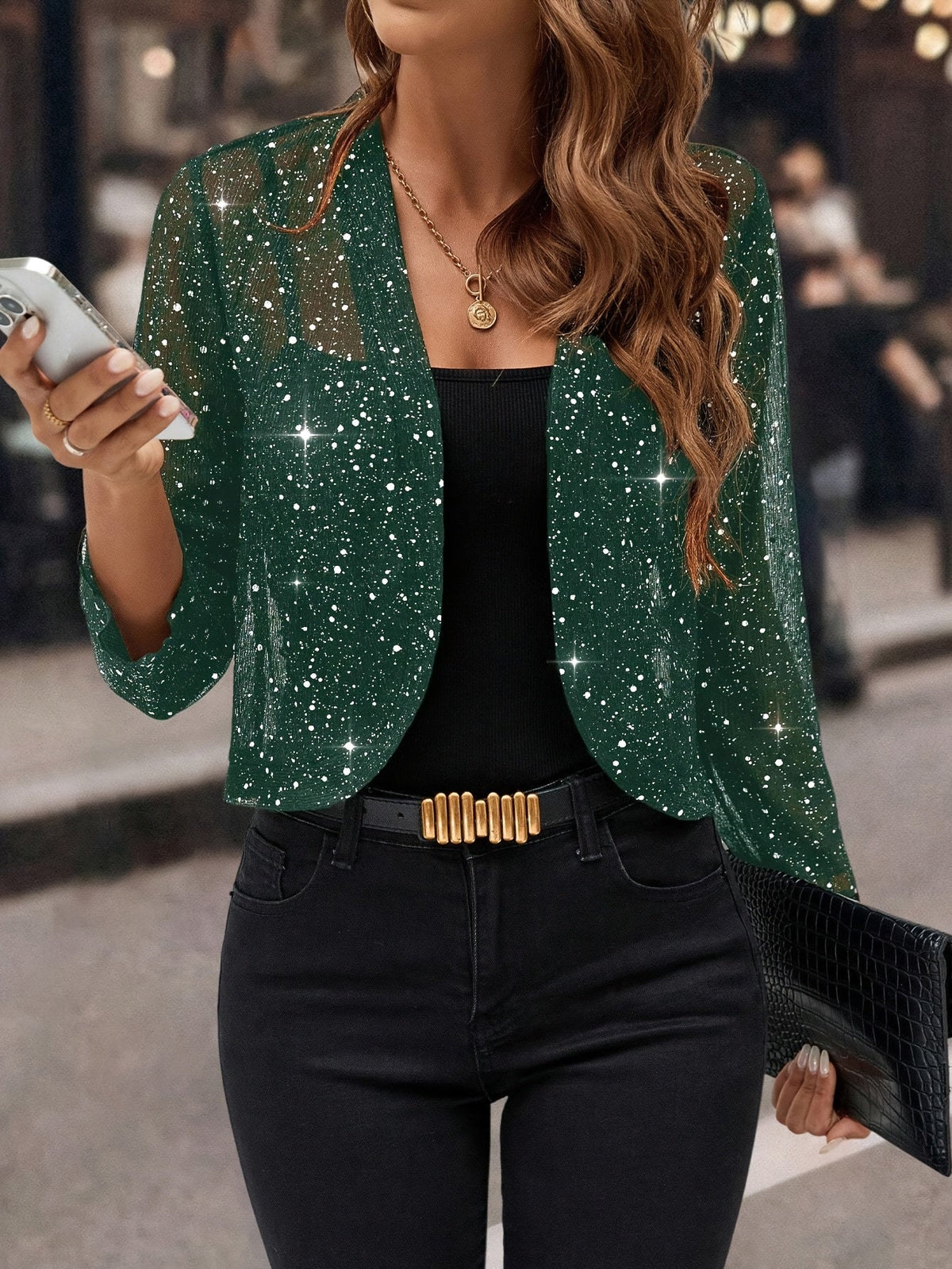 Women's Glitter Sequin Cropped Cardigan Jacket – Golden Foil Pleated 3/4 Sleeve Business Casual Blazer for Work Party
