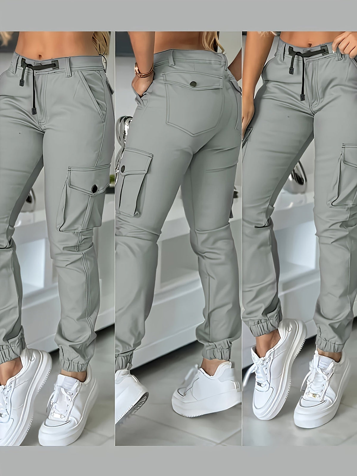 Women's High Waist Cargo Joggers Ankle Pants with Drawstring Pockets Slim Fit Casual Trousers Spring Autumn Black Khaki Grey XS-XL