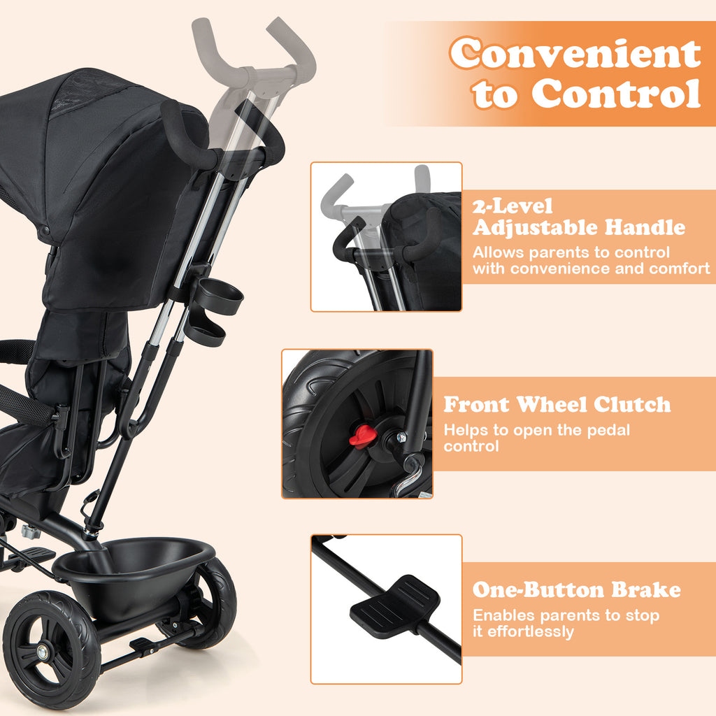 Foldable Tricycle Stroller, 4-in-1 Trike with Parent Push Handle, Removable Canopy, Reversible Seat, Safety Harness and Storage for Kids Age 10 Months to 5 Years Old, Black