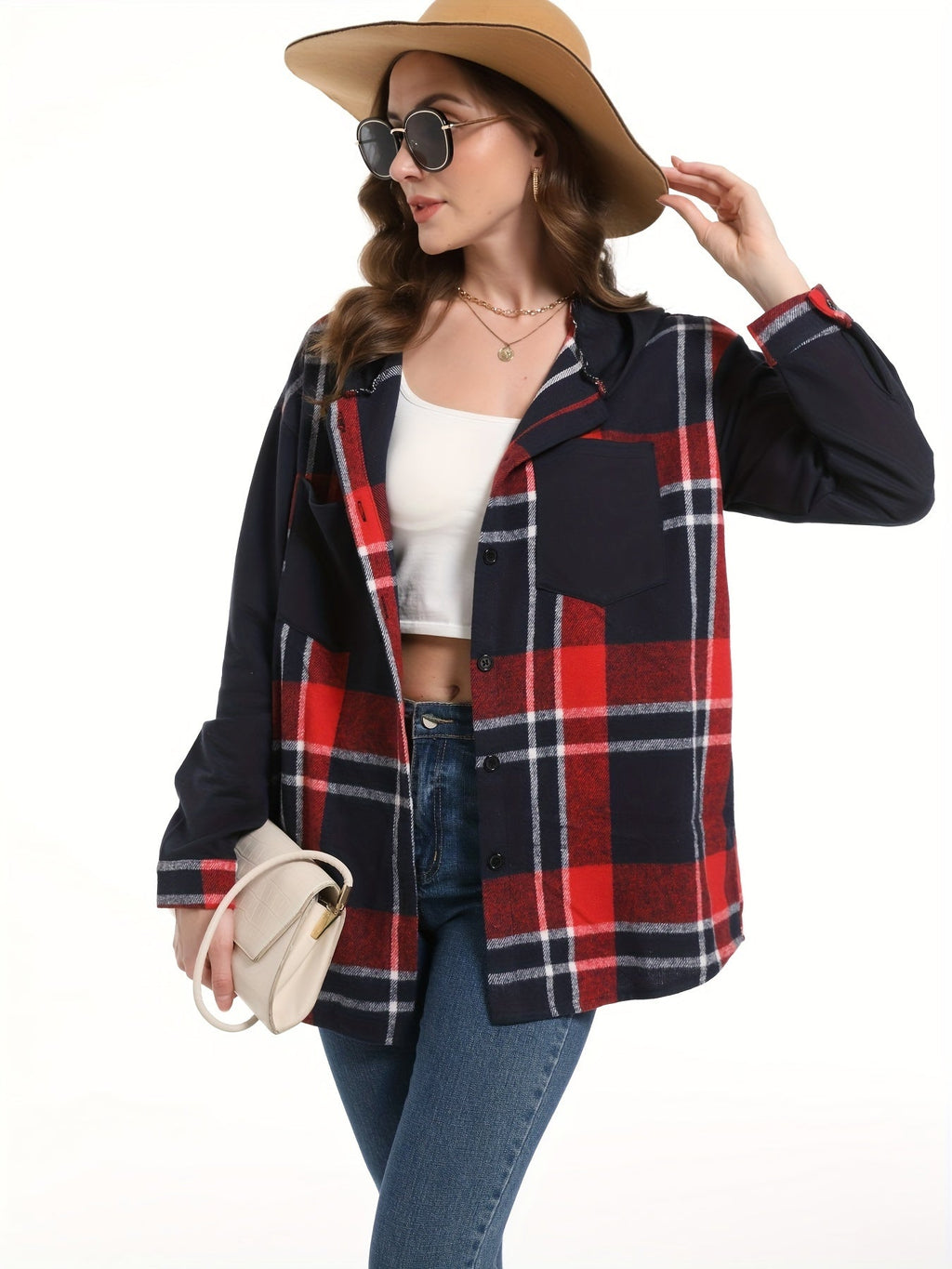 Plaid Hooded Jacket Women Drop Shoulder Woven Patch Pocket Casual Outerwear 100% Polyester Suede PU Black White S M XXL