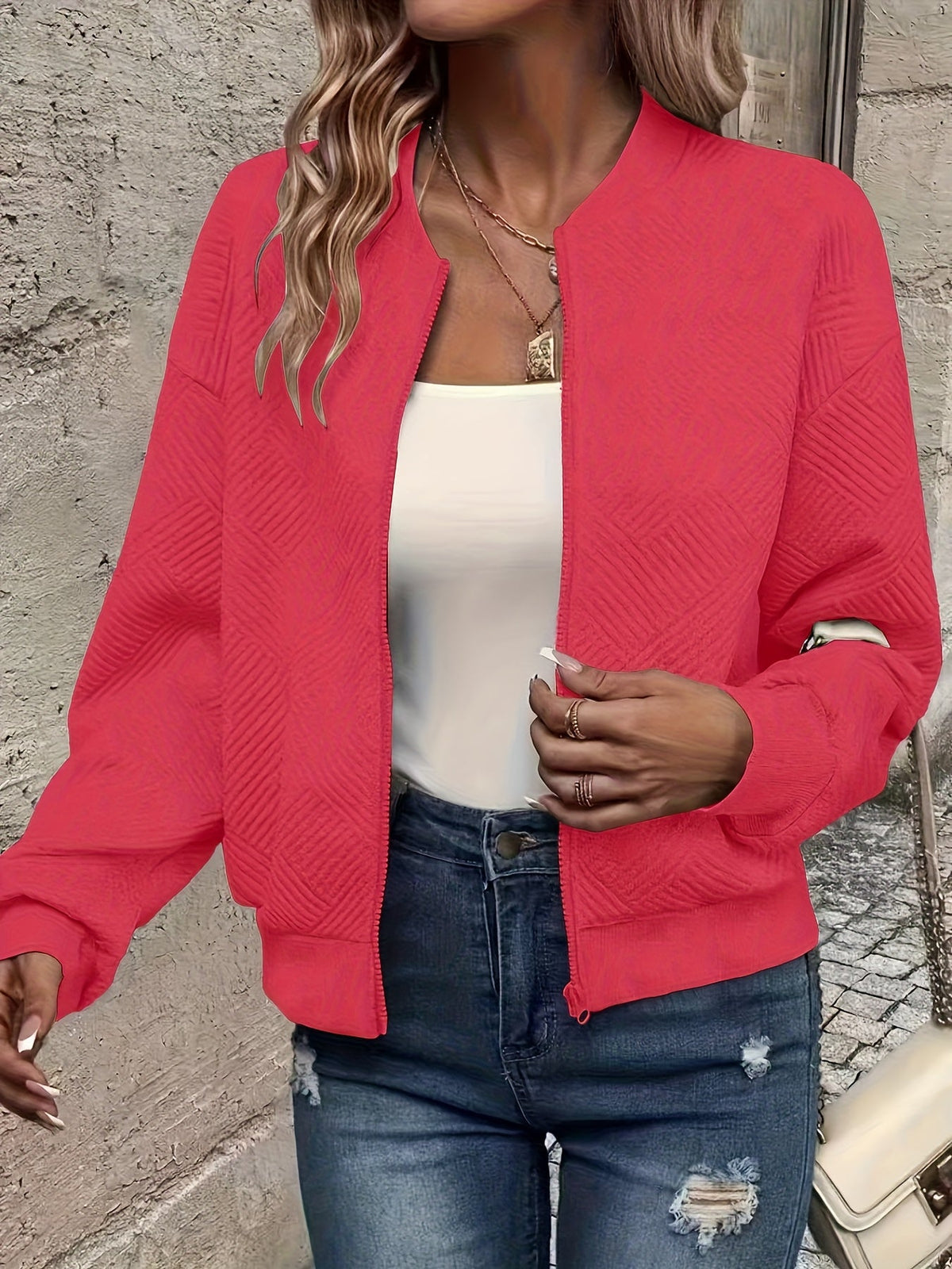 Women's Baseball Collar Zipper Jacket - Solid Color Casual Outerwear | Rib-Knit Polyester Lined Sporty Coat Fall Spring Fashion New Arrival