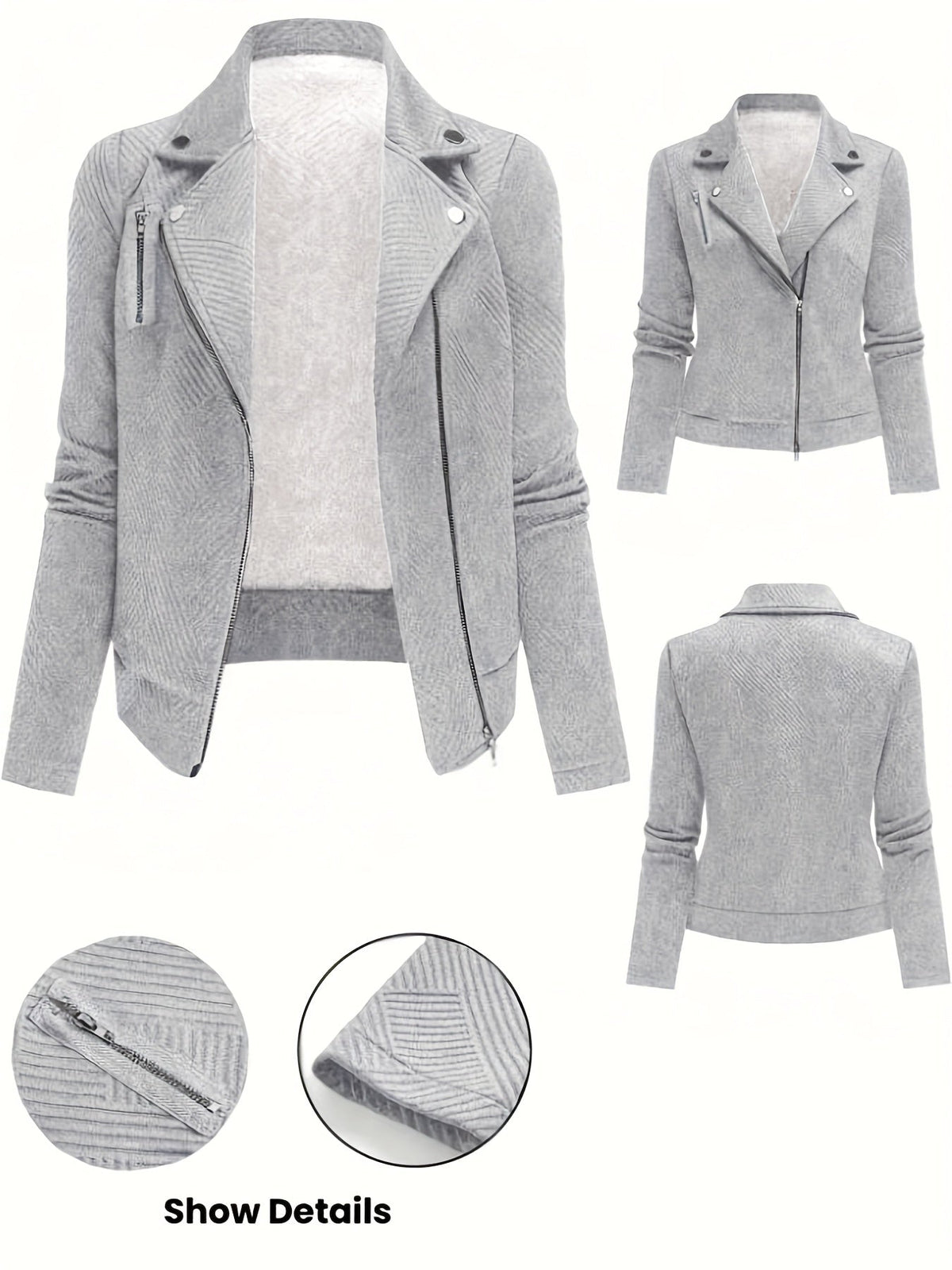 Women's Solid Color Biker Jacket Zipper Button Maze Grid Moto Coat - Stylish Casual Outerwear for Fall Winter Daily Commute Streetwear Top