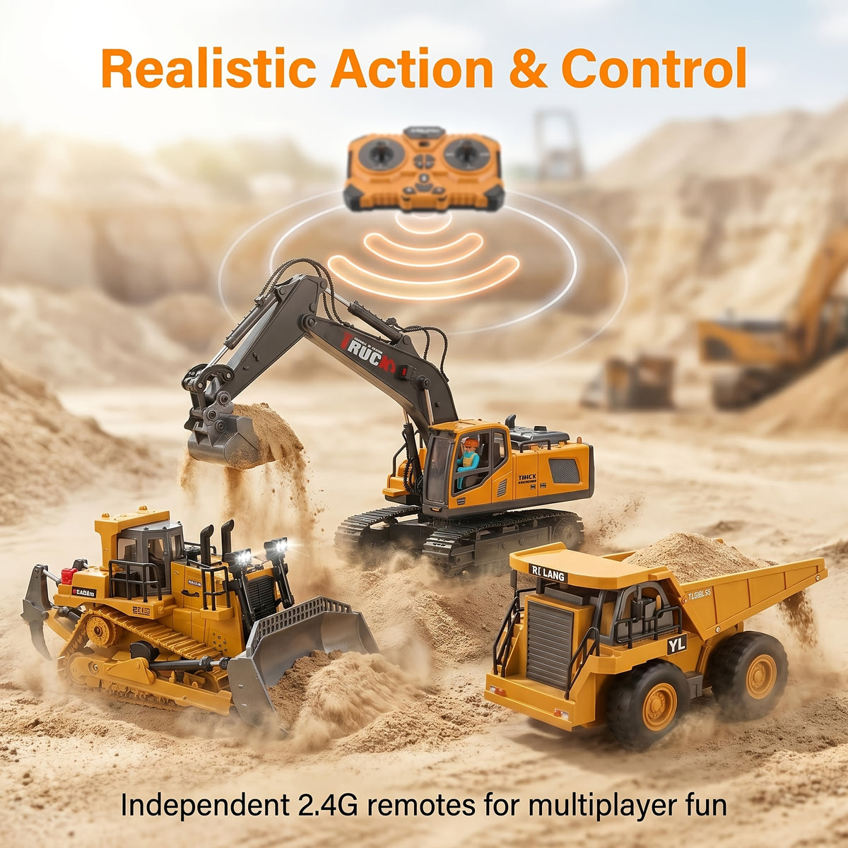 4-in-1 RC Construction Vehicle Gift Set - 2.4G 11-Channel Remote Control Excavator, Dump Truck & Bulldozer, Alloy & Plastic Engineering Toy Cars for Kids, Boys & Beginners