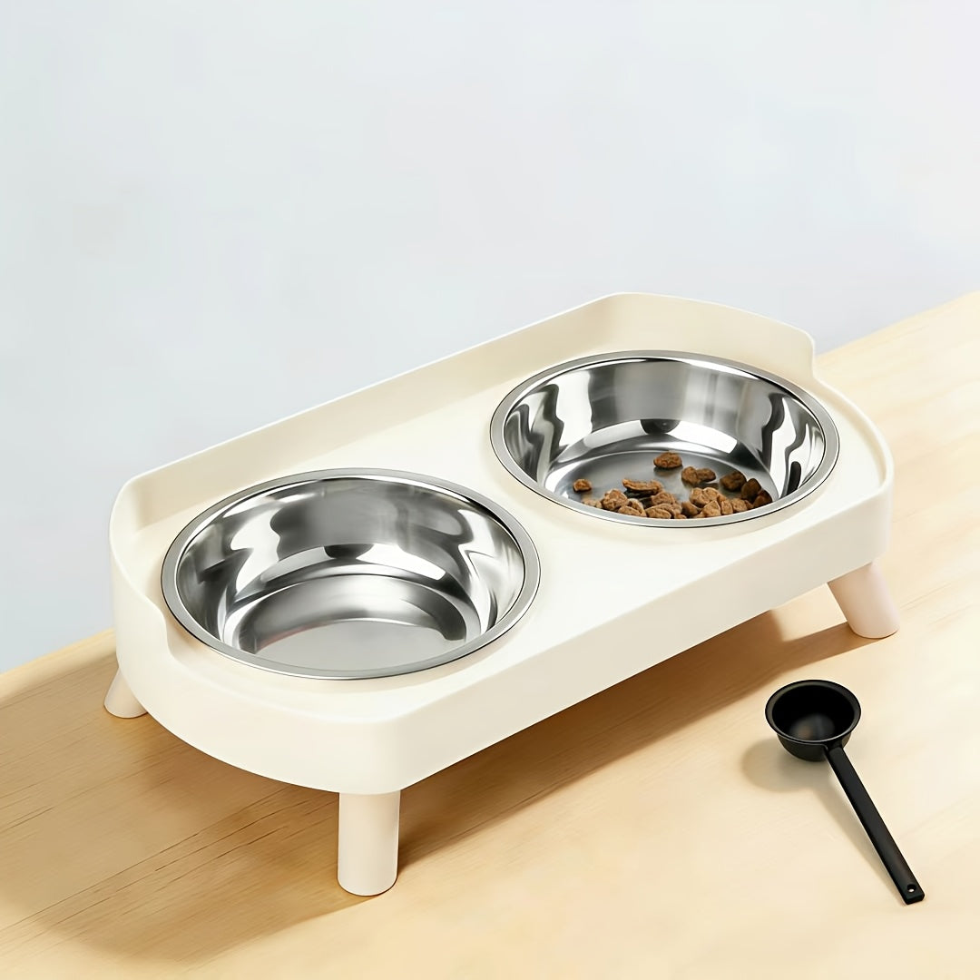 Elevated Cat Bowls Raised Stainless Steel - Double Cat Food and Water Bowl Set, Anti-Vomit Neck Protection, Non-Slip Feeder Stand, Splash-Proof Dishwasher Safe, Includes 2 Bowls & Pet Food Scoop for Indoor Cats