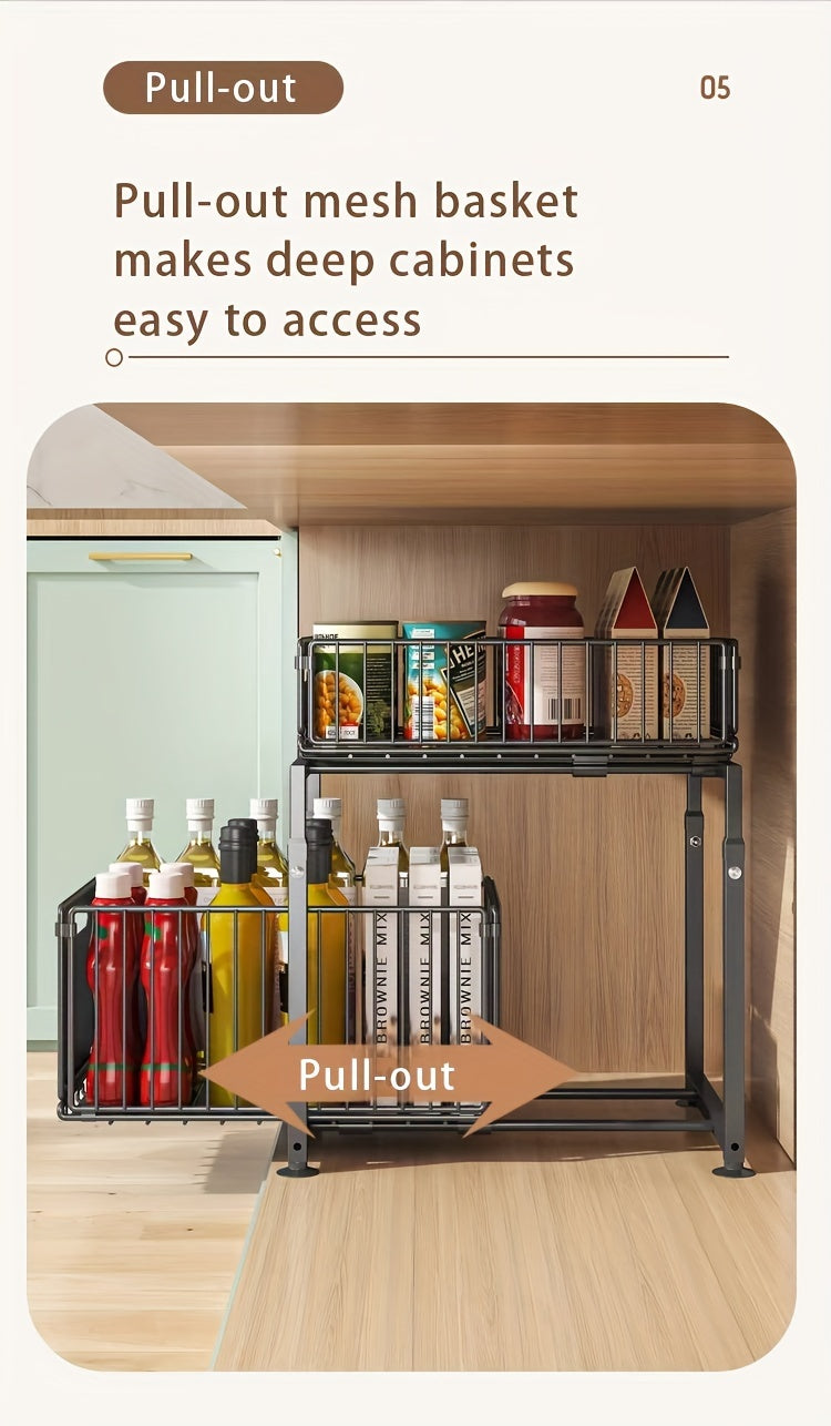 Under Sink Organizer 2-Tier Pull-Out Cabinet Shelf with Adjustable Height, Sturdy Carbon Steel Kitchen Storage Rack, Space-Saving Bathroom & Pantry Cabinet Organizer for Kitchen Organization