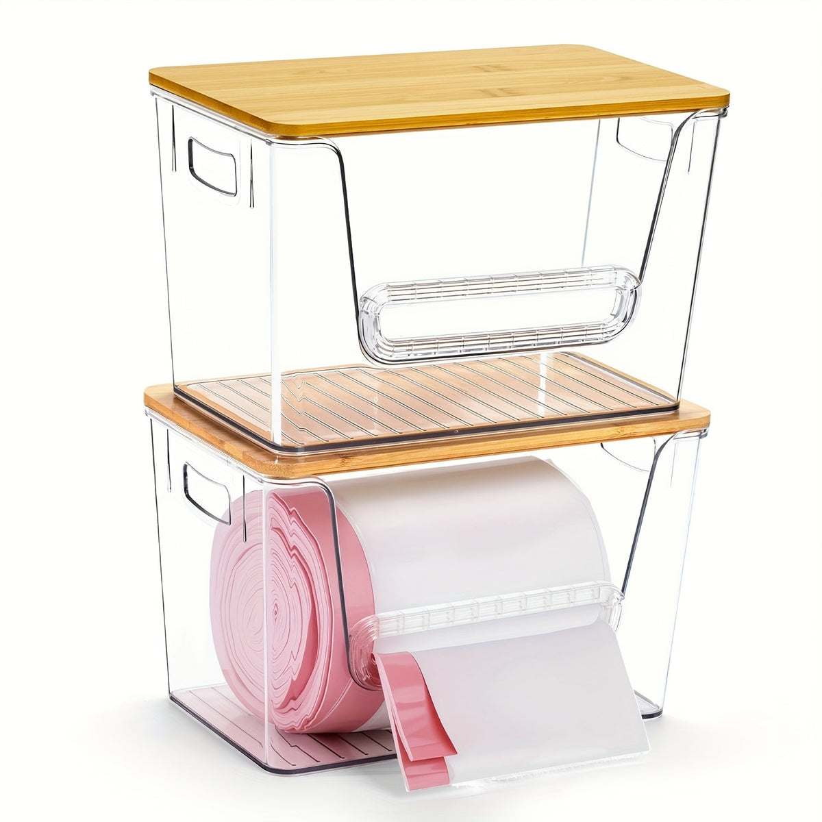 Clear Acrylic Trash Bag Dispenser with Bamboo Lid – Stackable Trash Bag Holder for Under Sink, Kitchen, Laundry Room & Pantry Organization | Fits 13/30/33 Gallon Bags | 1, 2 & 4-Pack