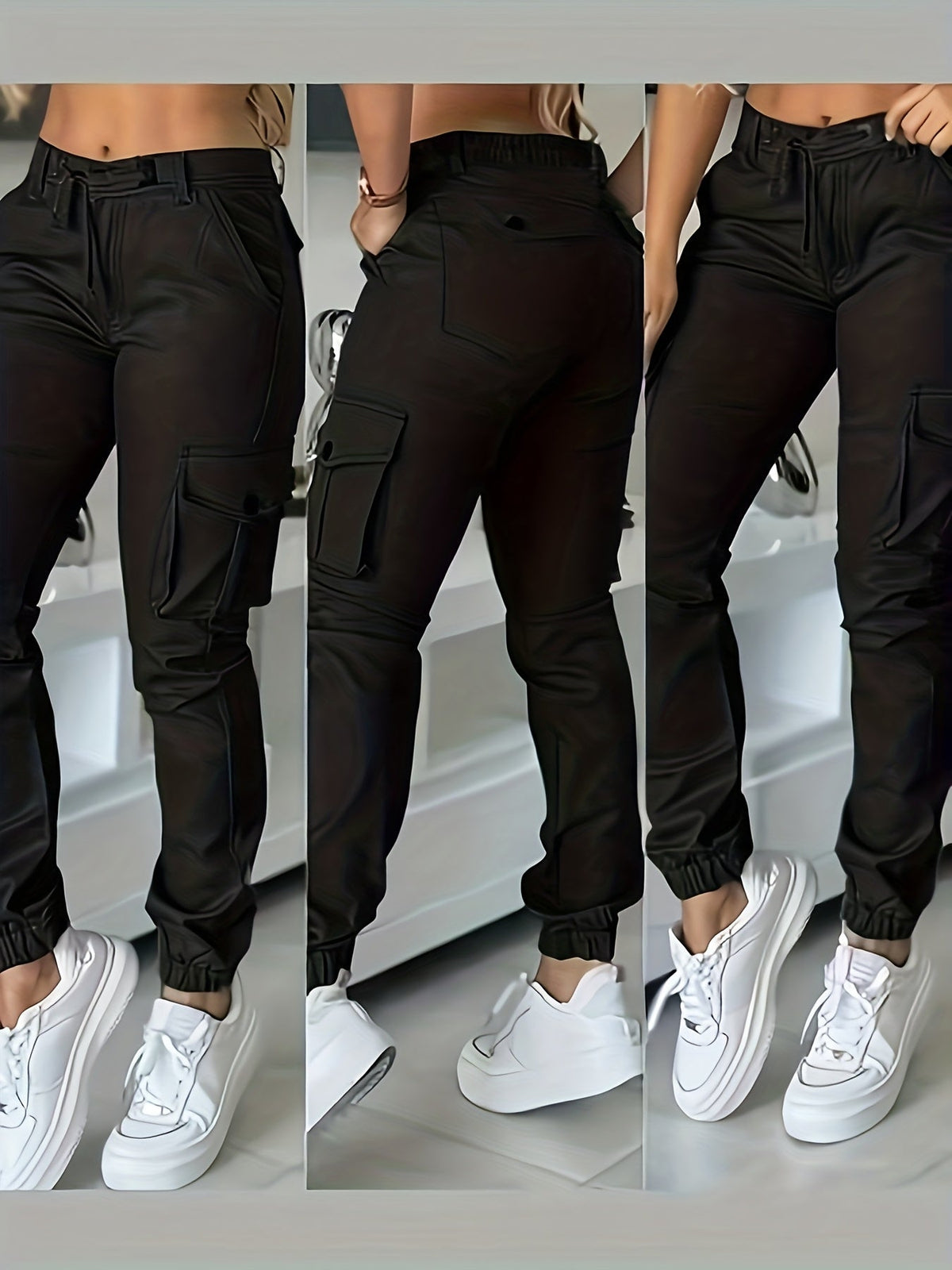 Women's Multi-Pocket Cargo Pants Casual Fashion Wide Leg Woven Trousers Olive Black White Khaki Grey S-XXL