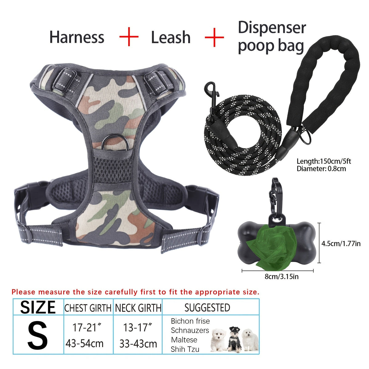 4-Piece Dog Harness and Leash Set No-Pull No-Choke Reflective Oxford Vest Harness with Leash Poop Bag Dispenser Easy Control Handle for Medium Large Dogs Outdoor Training Walking