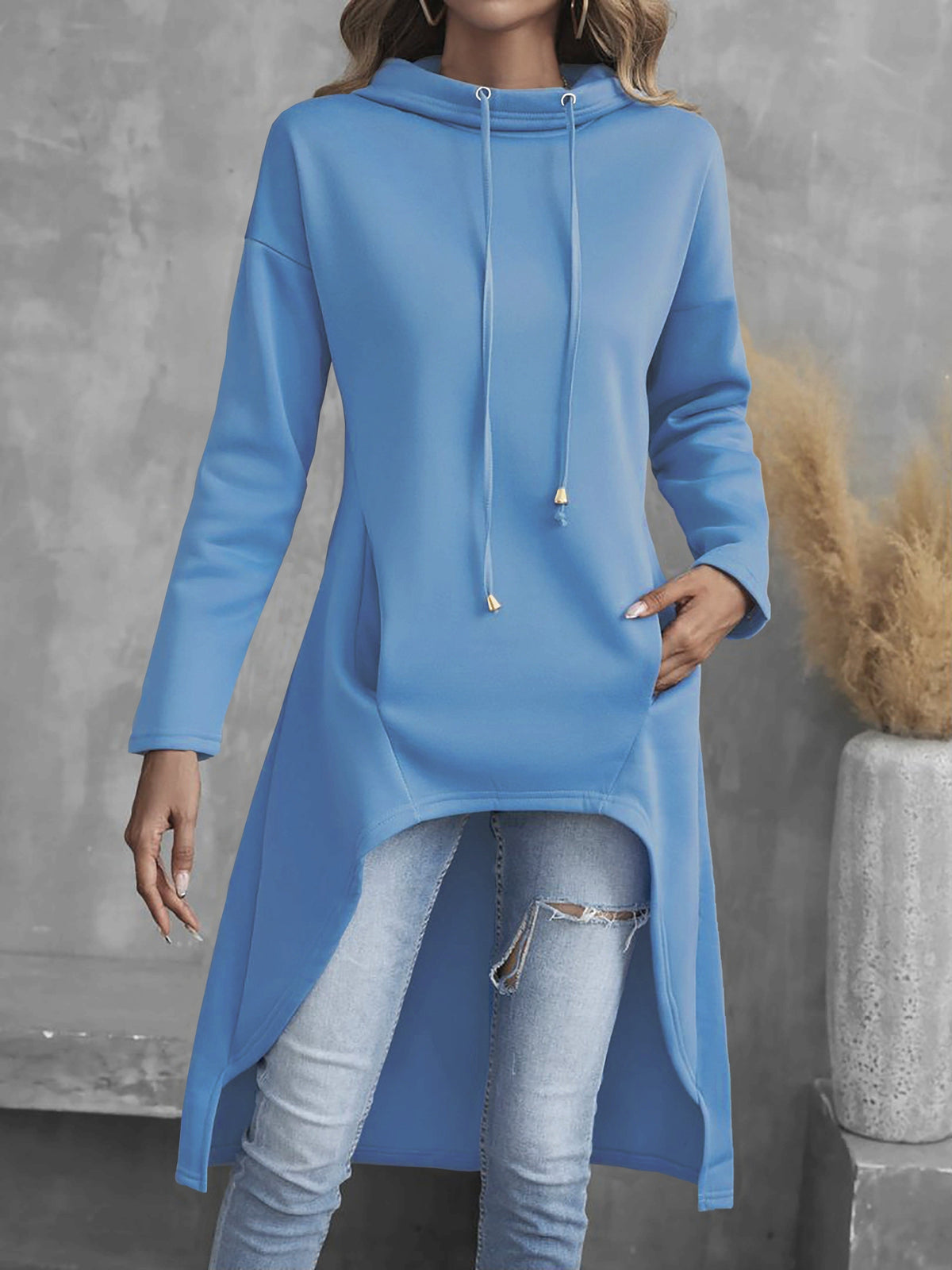 Women's Hi-Low Hem Hoodie Sweatshirt Casual Long Sleeve Drawstring Pullover Solid Color Hooded Top Red Black Blue Grey Yellow S-XXL