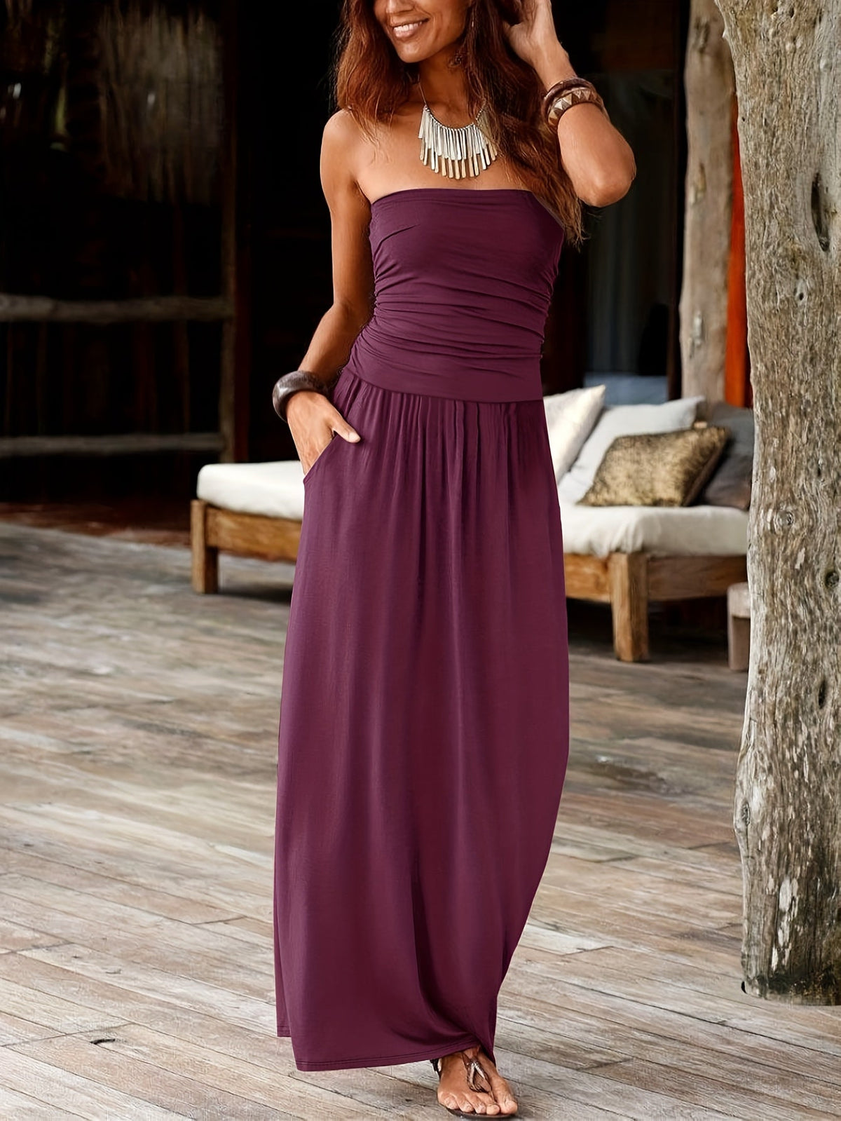Strapless Bandeau Maxi Dress with Pockets for Women – Waist-Cinching Stretch Casual Summer Long Dress in Solid Colors S-XXL
