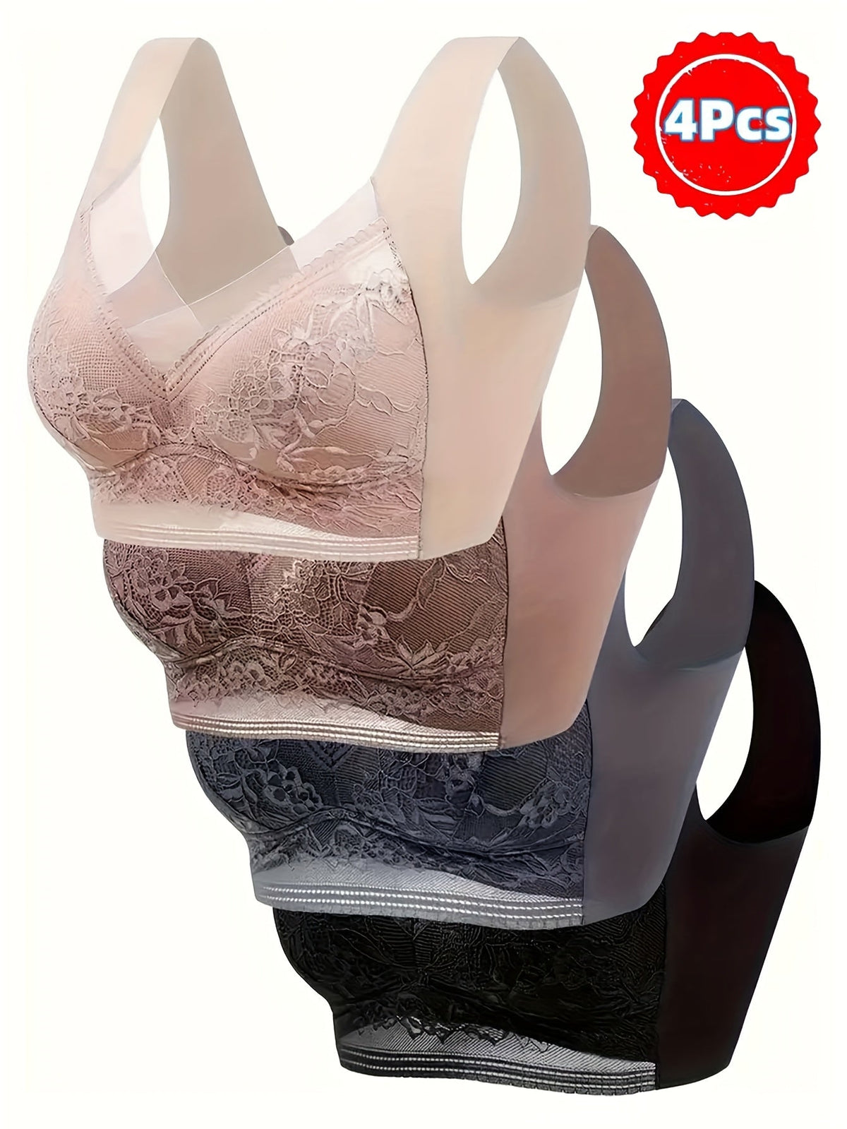 4 Pack Lace Ice Silk Bra Vest for Women – Traceless Gathered Support, Breathable Thin Style with Beautiful Back Design, Sizes S-XXL, 2 Multicolor Sets