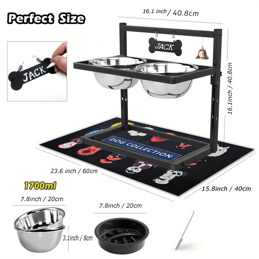 Elevated Dog Bowl Stand with Slow Feeder & Spillproof Mat - Height Adjustable 4.5"-12" Raised Dog Feeder with 2 Stainless Steel Bowls - Iron Frame Dog Bowl Stand for Large Medium Dogs Joint Health