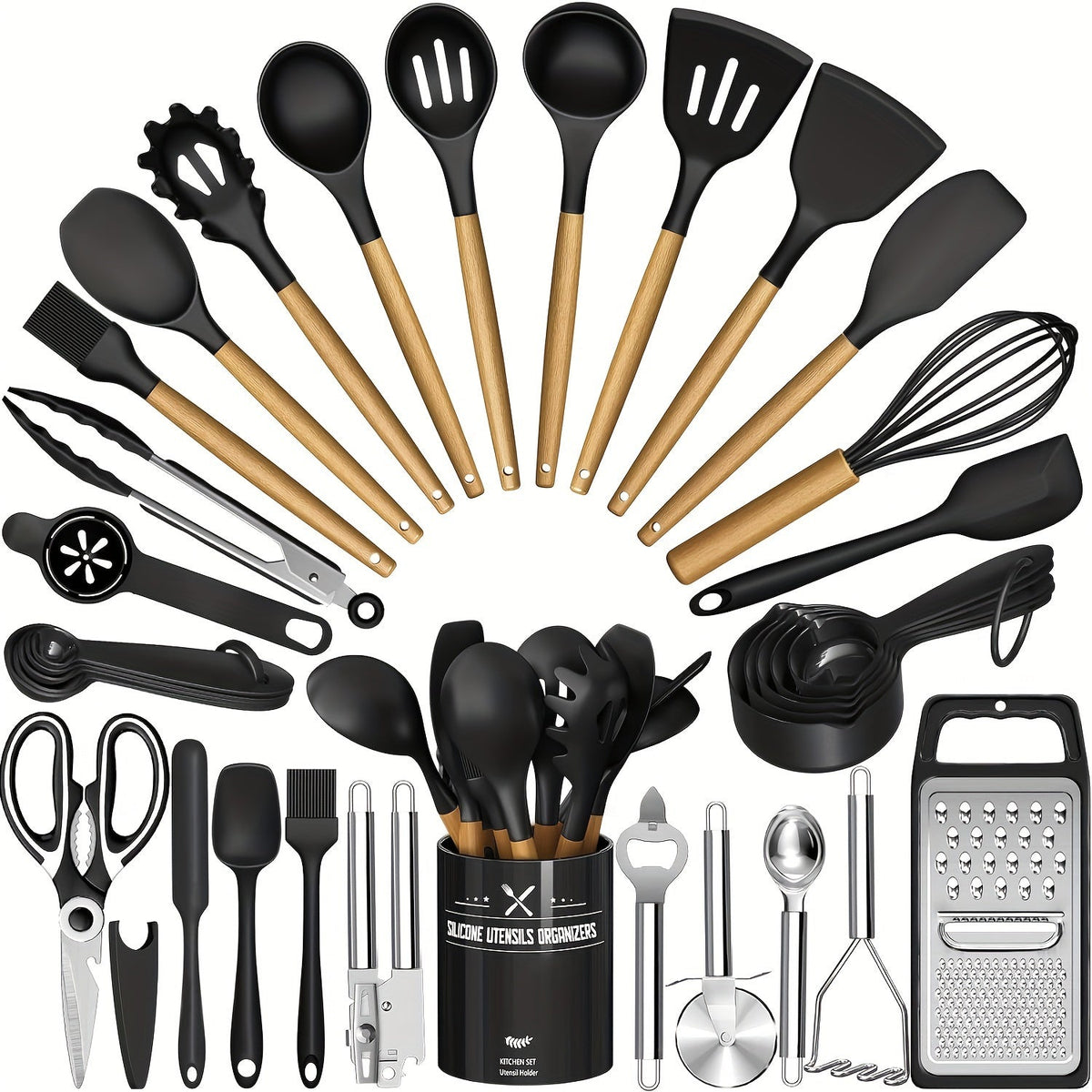 34-Piece Silicone Kitchen Utensils Set with Holder – Heat Resistant Cooking Utensils for Nonstick Cookware, Wooden Handle Spatula Set, Kitchen Gadgets & Tools, Great Father's Day Gift (Khaki/Black/Gray)