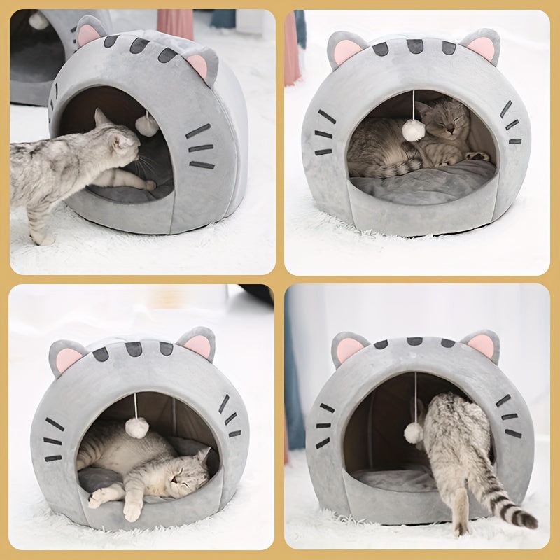 Cat Cave Bed Warm Cozy Kitten House with Removable Washable Cushion Cute Cat Ear Design Semi-Enclosed Indoor Cat Tent Bed for Small Cats and Kittens – Non-Slip Soft Plush Pet Sleeping Bed