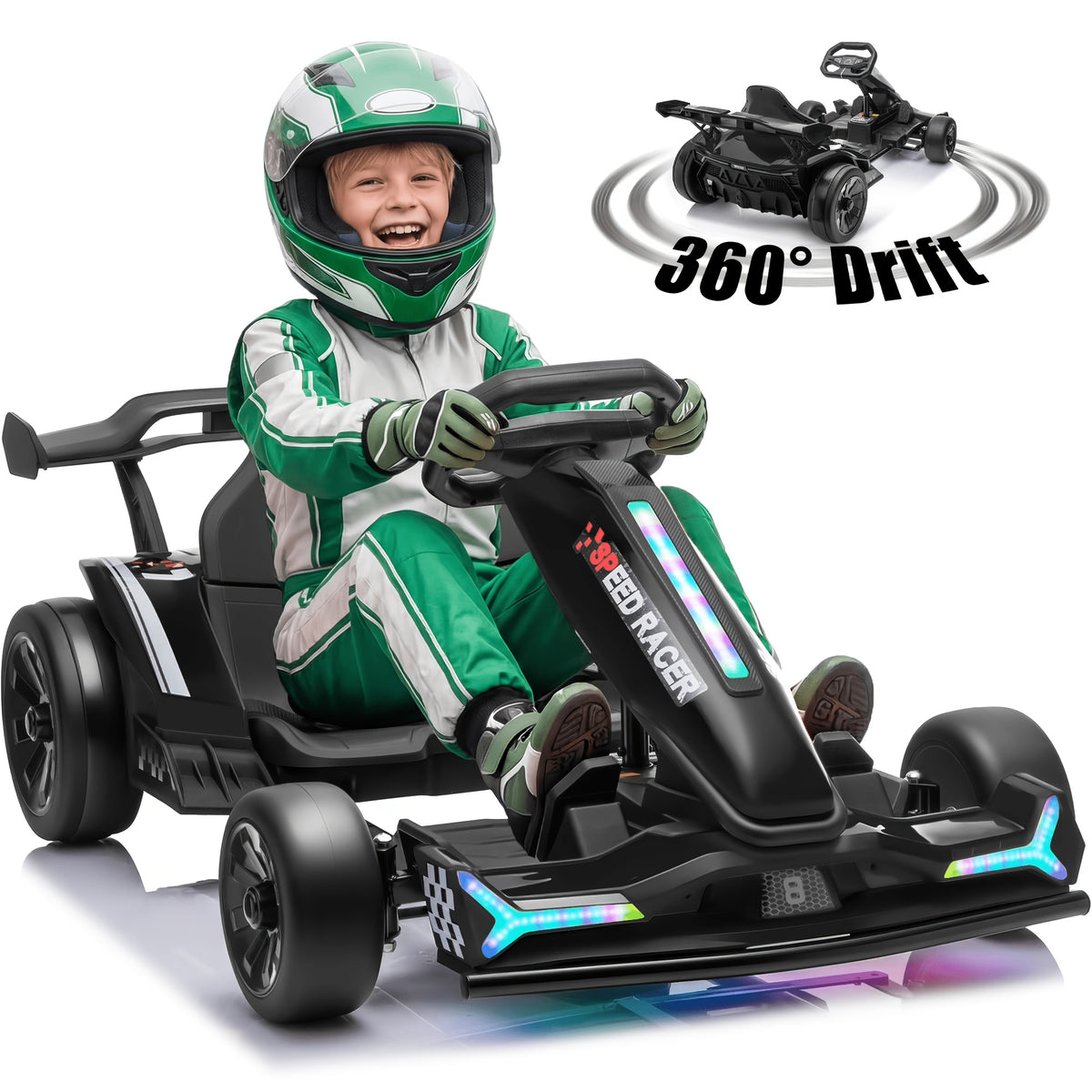 24V Electric Kids Go-Kart Drift Cart, 360 Degree Drift Mode, High Speed Racing with Soft Start, Music, Safety Belt, Metal Frame, Dual Brake for Boys Girls Ages 6 and Up, Birthday Christmas Gift, Black White Red Orange Silver