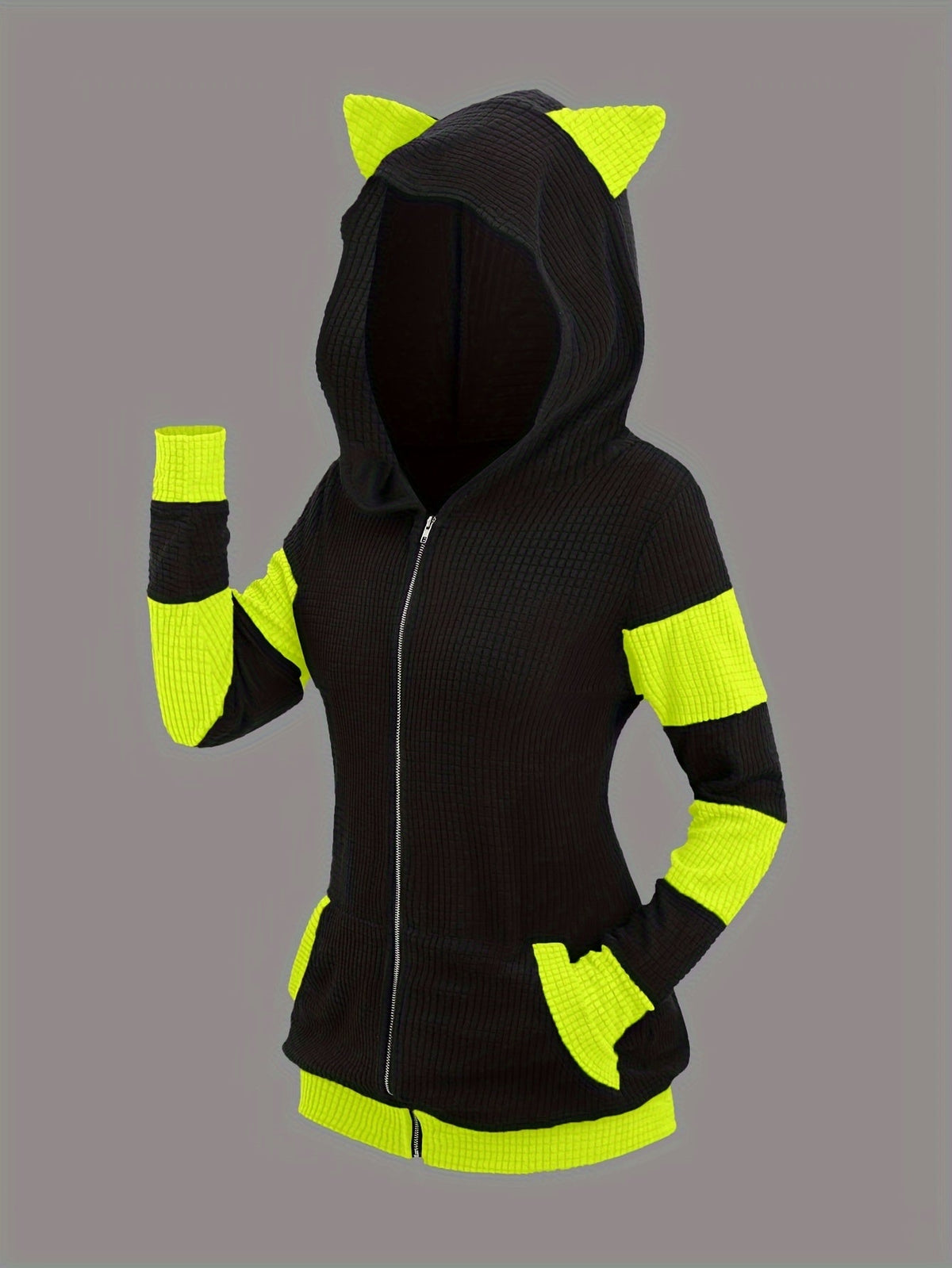 Cat Ear Hooded Sweatshirt Jacket Women Color Block Mid-Length Zip Up Hoodie Fall Winter – Thickened Warm Casual Outerwear S-XXL