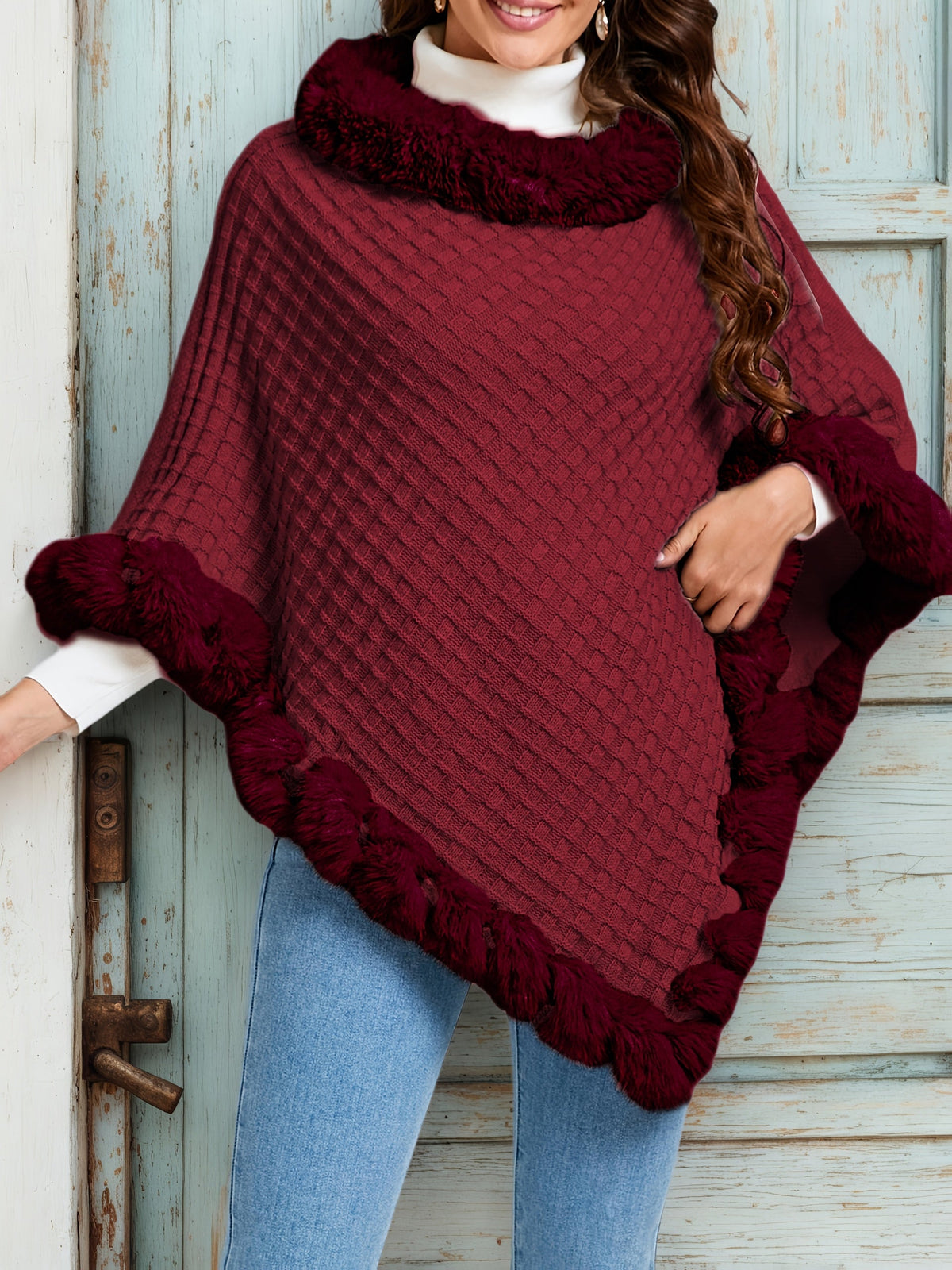 Women's Waffle Knit Shawl Poncho with Faux Fur Trim - Elegant Sleeveless High Neck Pullover, Solid Color Warm Cape Wrap for Fall Winter, 8 Colors One Size