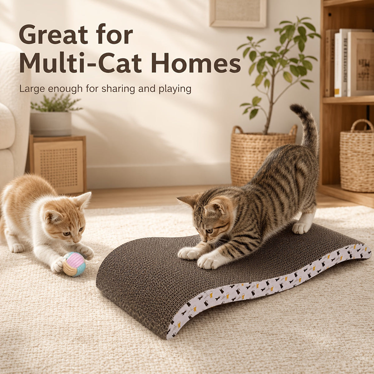 Curved Cat Scratcher 2-in-1 Cat Lounge Bed - Large Wave Corrugated Cardboard Scratching Pad with Ergonomic Spine Support - Furniture Protection Cat Scratcher for Indoor Cats Multi-Cat Households