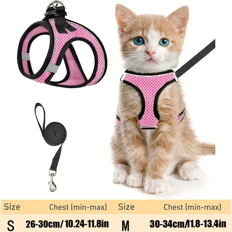 Escape-Proof Cat Harness and Leash Set for Kittens - Reflective Soft Mesh Vest Harness for Safe Outdoor Walks, Adjustable Breathable Cat Walking Jacket, Black & Pink, Size S