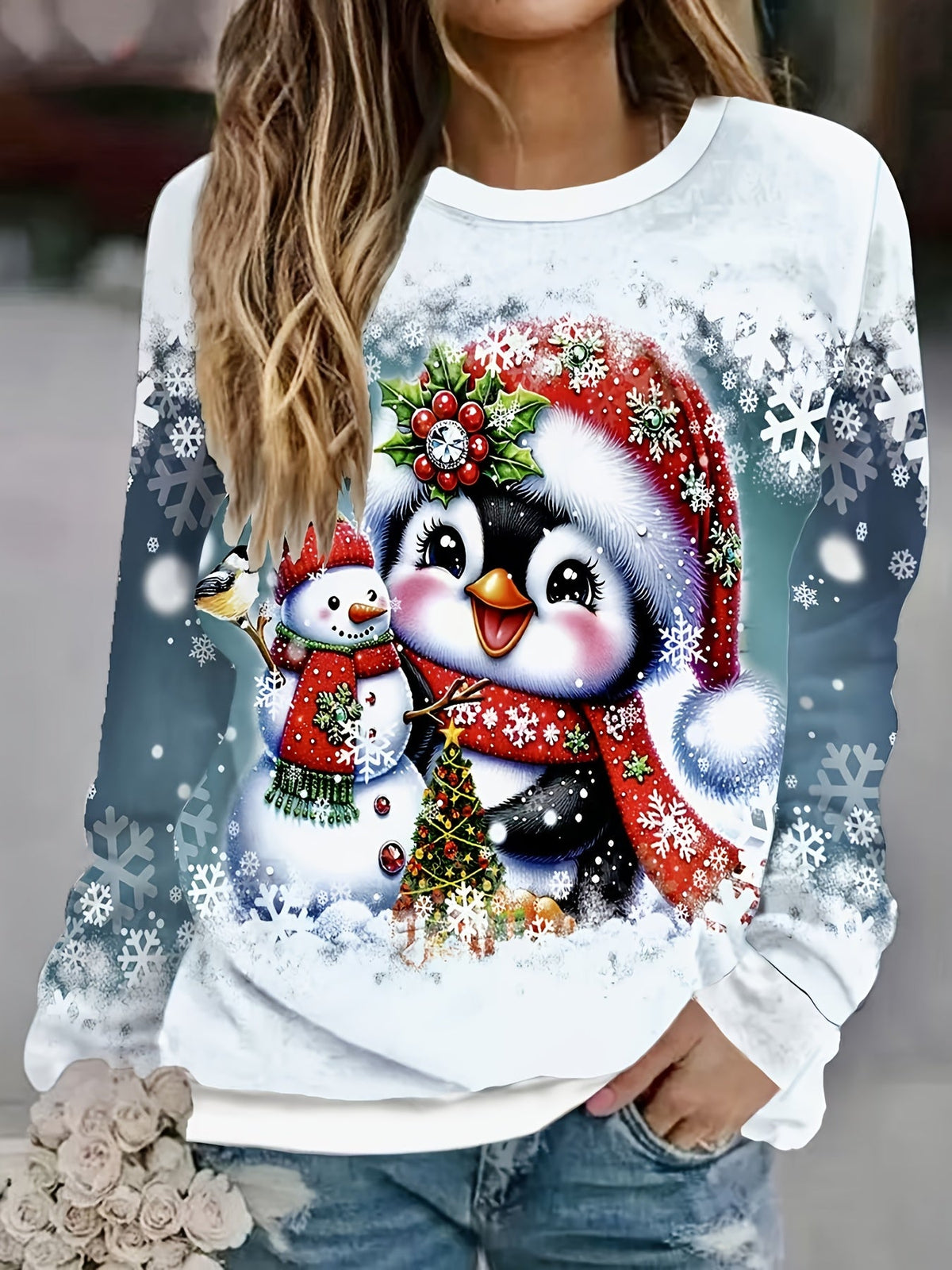 Christmas Print Crew Neck Long Sleeve Loose Pullover Sweatshirt Women Holiday Festive Casual Tops US Warehouse