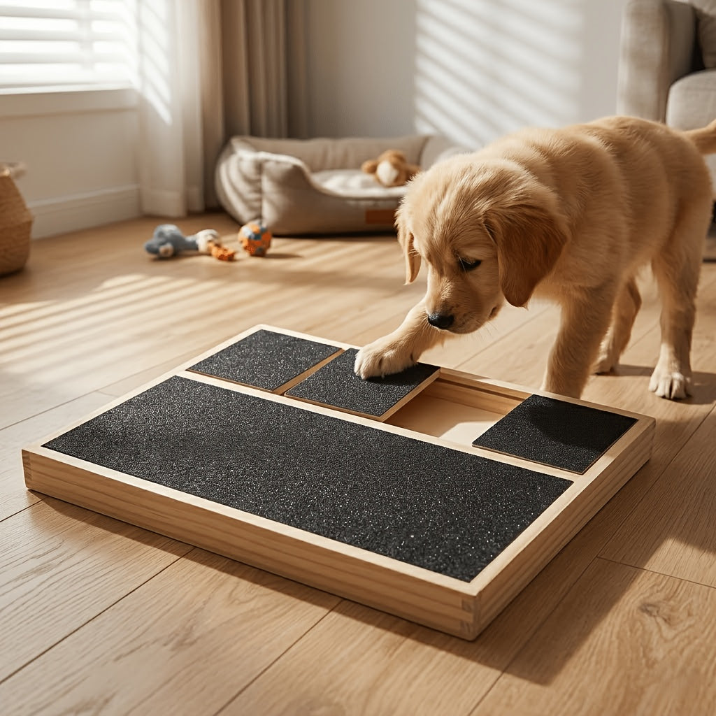 2-in-1 Wooden Dog & Cat Puzzle Feeder with Nail Filing Board – 6-Compartment Interactive Slow Feed Treat Dispenser & Scratch Pad for Small & Medium Pets, Behavior Enrichment & Mental Stimulation Toy