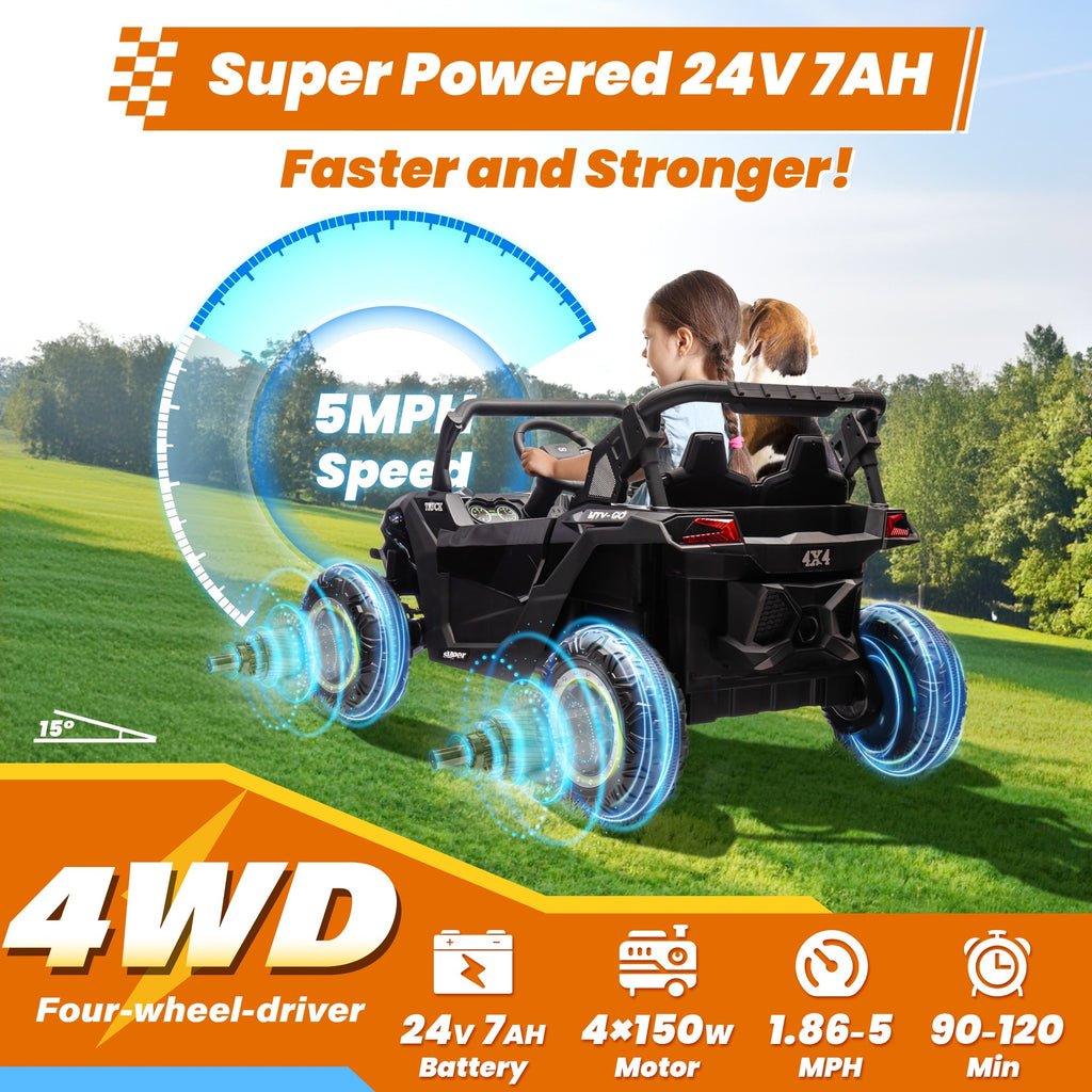 24V 2-Seater Kids Ride-On UTV with Parent Remote Control – 4WD Electric Off-Road Vehicle with 3 Speeds, LED Lights, Bluetooth Music & Suspension for Boys & Girls Ages 3-8