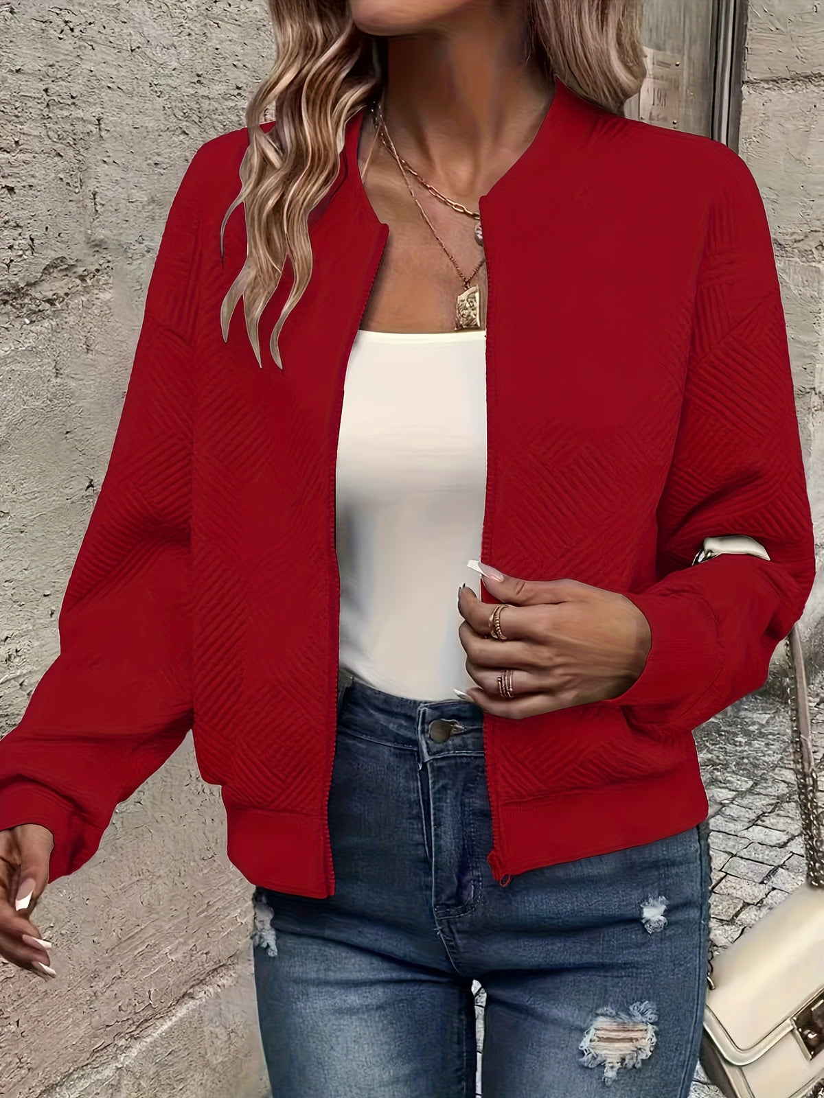 Women's Baseball Collar Zipper Jacket - Solid Color Casual Outerwear | Rib-Knit Polyester Lined Sporty Coat Fall Spring Fashion New Arrival