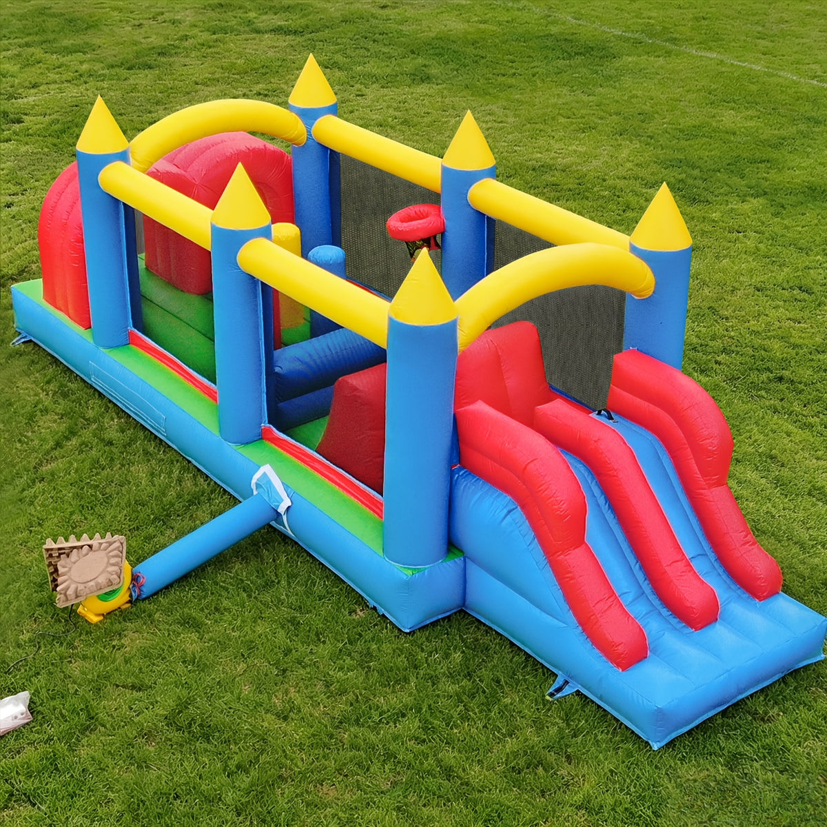 24FT Inflatable Obstacle Course with Dual Slides & High-Speed Blower, Commercial Grade 0.45mm PVC Backyard Obstacle Course 24x8x8FT for Kids & Adults, Quick Setup Summer Party Fun Outdoor Inflatable