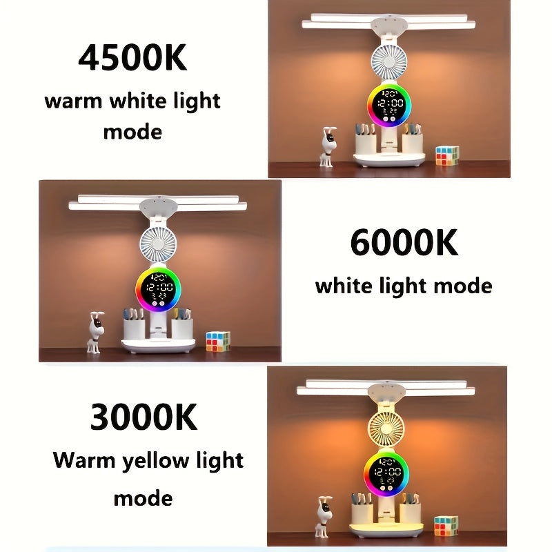 Smart Touch LED Desk Lamp with USB Port Dual-Head Dimmable Color-Changing Reading Light with Built-In Fan and Night Light Eye-Friendly for Home Office Dorm Study No Battery Required