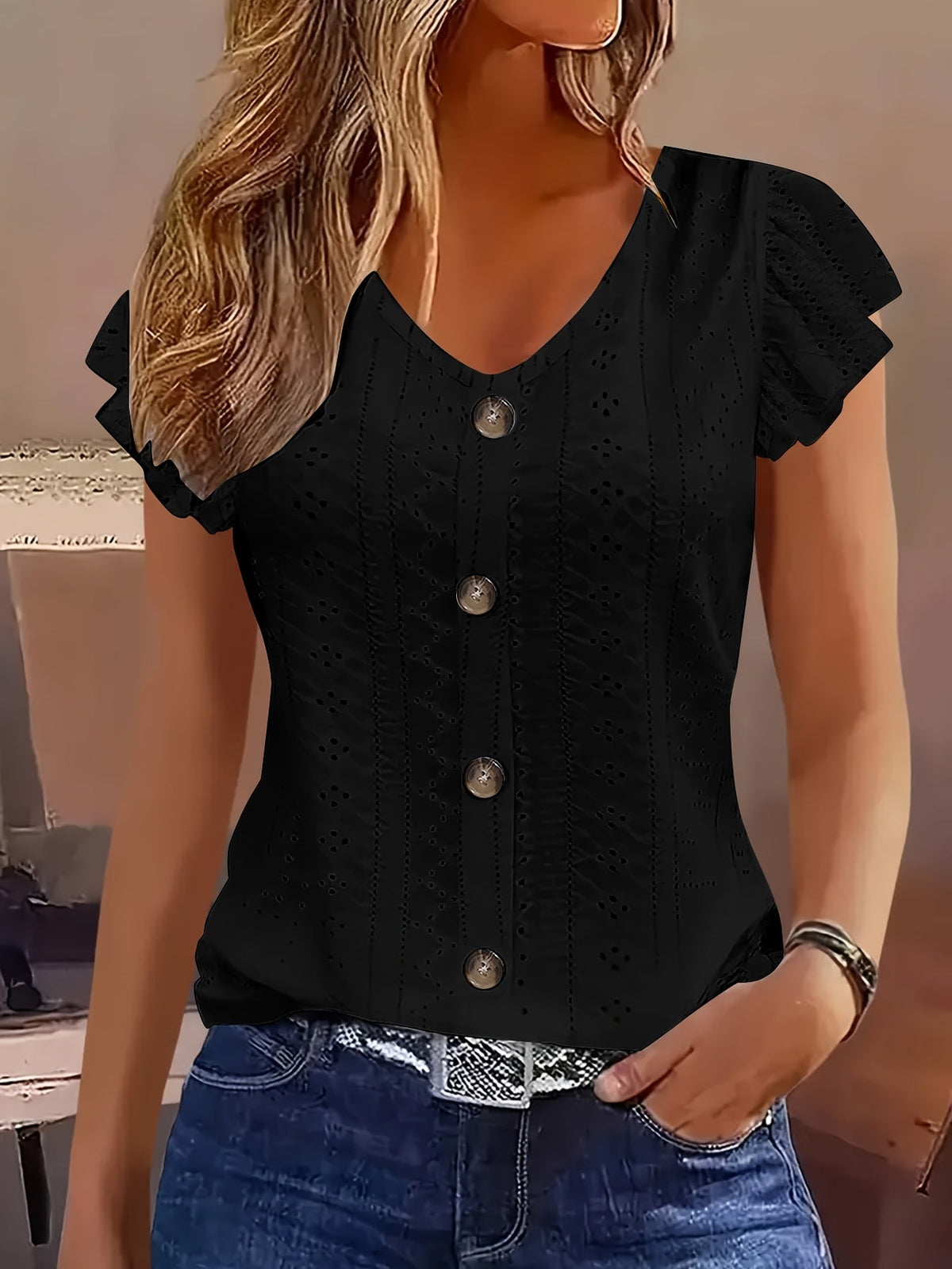 Eyelet Embroidery Button Front V-Neck Cap Sleeve Top Women Solid Color Casual Summer Shirt Breathable Lightweight Blouse S-XXL Multiple Colors