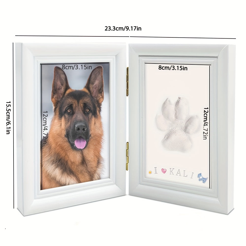 Pet Paw Print Photo Frame with Clay Impression Kit - Foldable Desktop Memorial Frame for Dogs & Cats, Personalized Pet Keepsake Gift for First Anniversary & Pet Loss Tribute (White/Black/Wood)