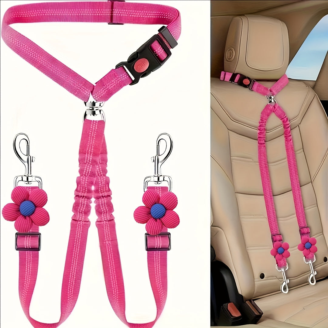 Double Dog Car Seat Belt Dual Pet Safety Restraint Headrest Elastic Bungee Leash Splitter No-Tangle Adjustable for 2 Dogs Vehicle Travel Black Blue Red Orange
