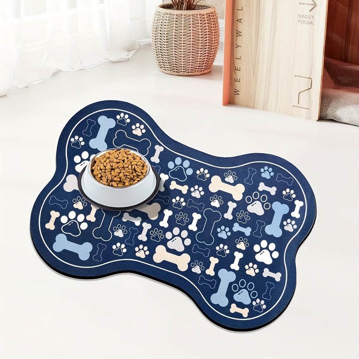 Dog Feeding Mat Non-Slip Quick-Dry Paw Print & Fishbone Design - Durable Polyester Pet Food & Water Bowl Pad for Small to Medium Dogs, Waterproof Easy-Clean Dog Placemat for Kitchen & Floor