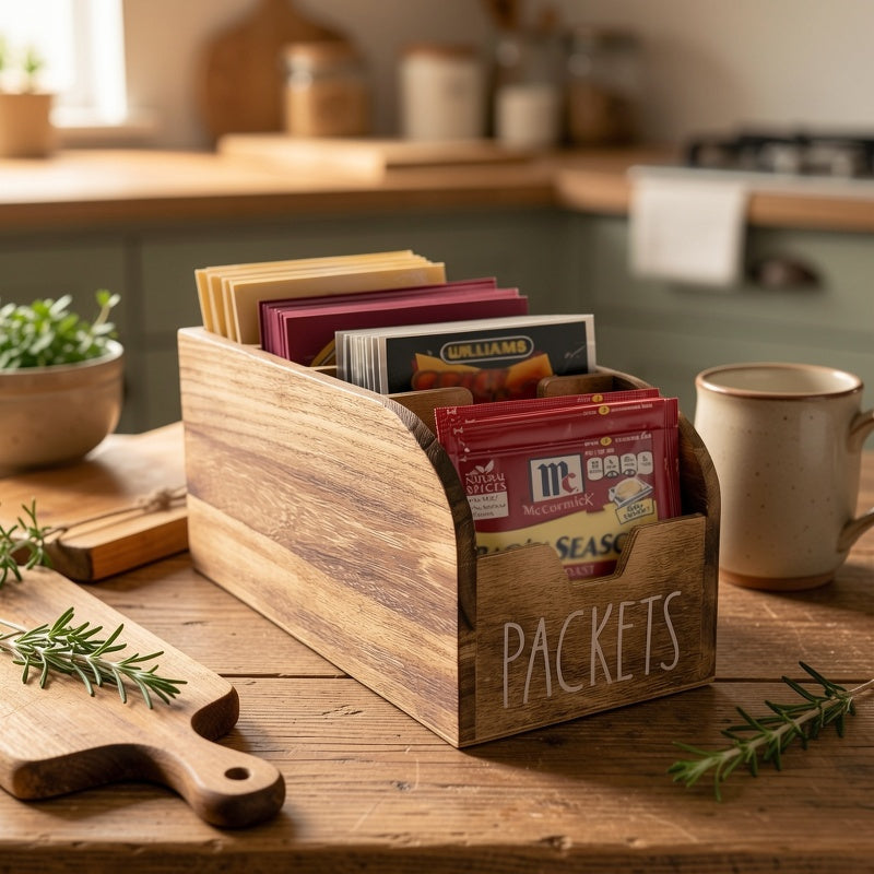 Wooden Divided Spice Box Vintage Rustic Kitchen Countertop Organizer, Multi-Compartment Storage Container for Seasoning Bags, Tea Bags, Coffee & Snacks, Space-Saving Home Decor Display Rack